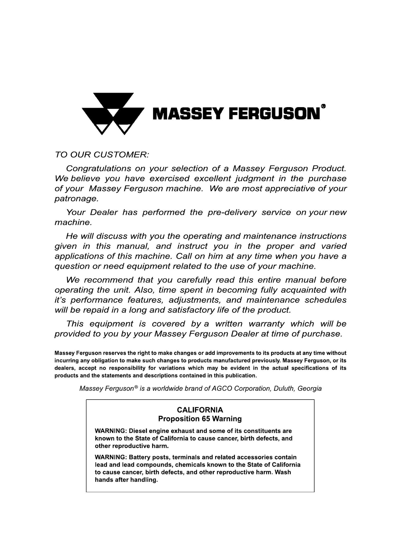 MASSEY FERGUSON 190 Tractor Factory Workshop Operator Manual