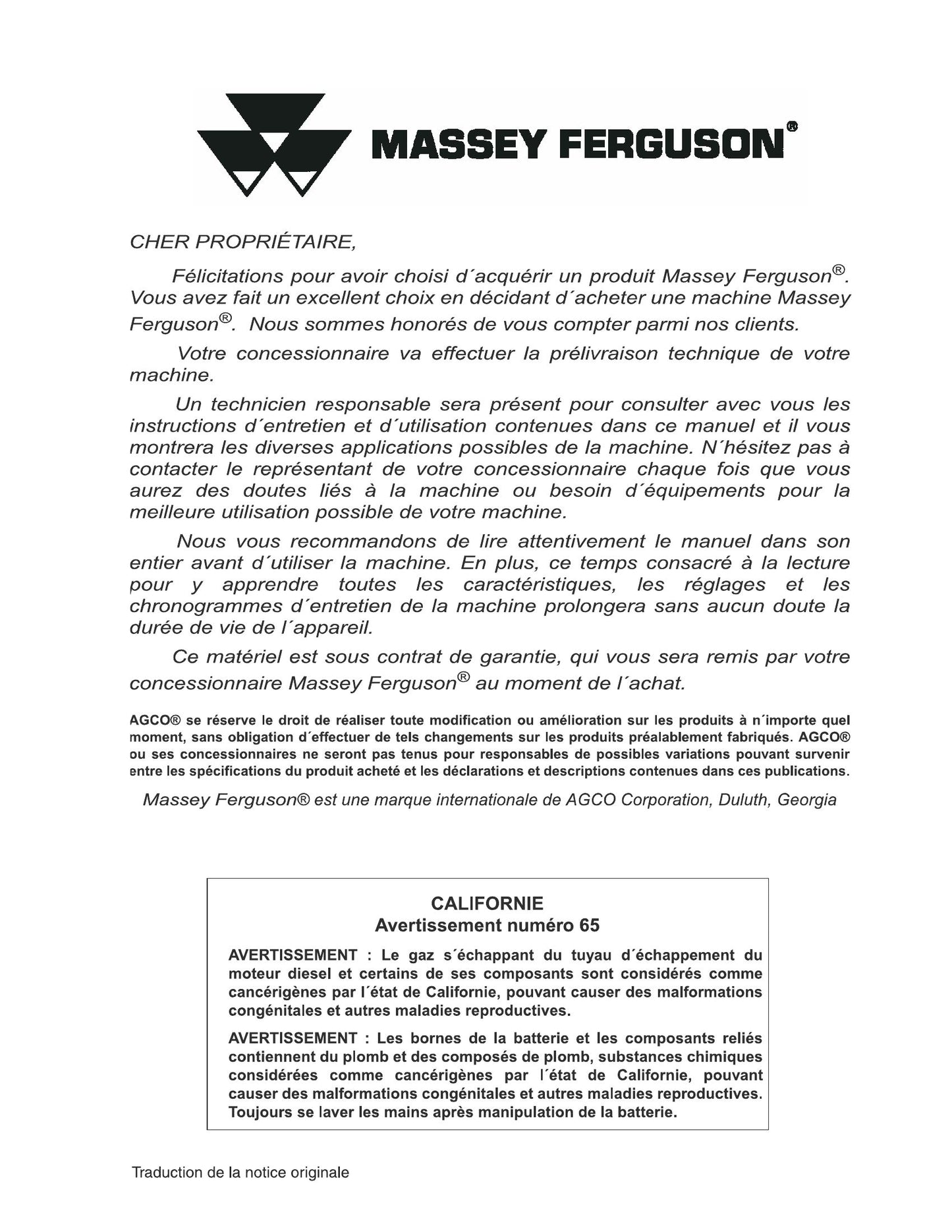 MASSEY FERGUSON 2510 2530 Chisel Cultivator Factory Workshop Operator Manual (FR)