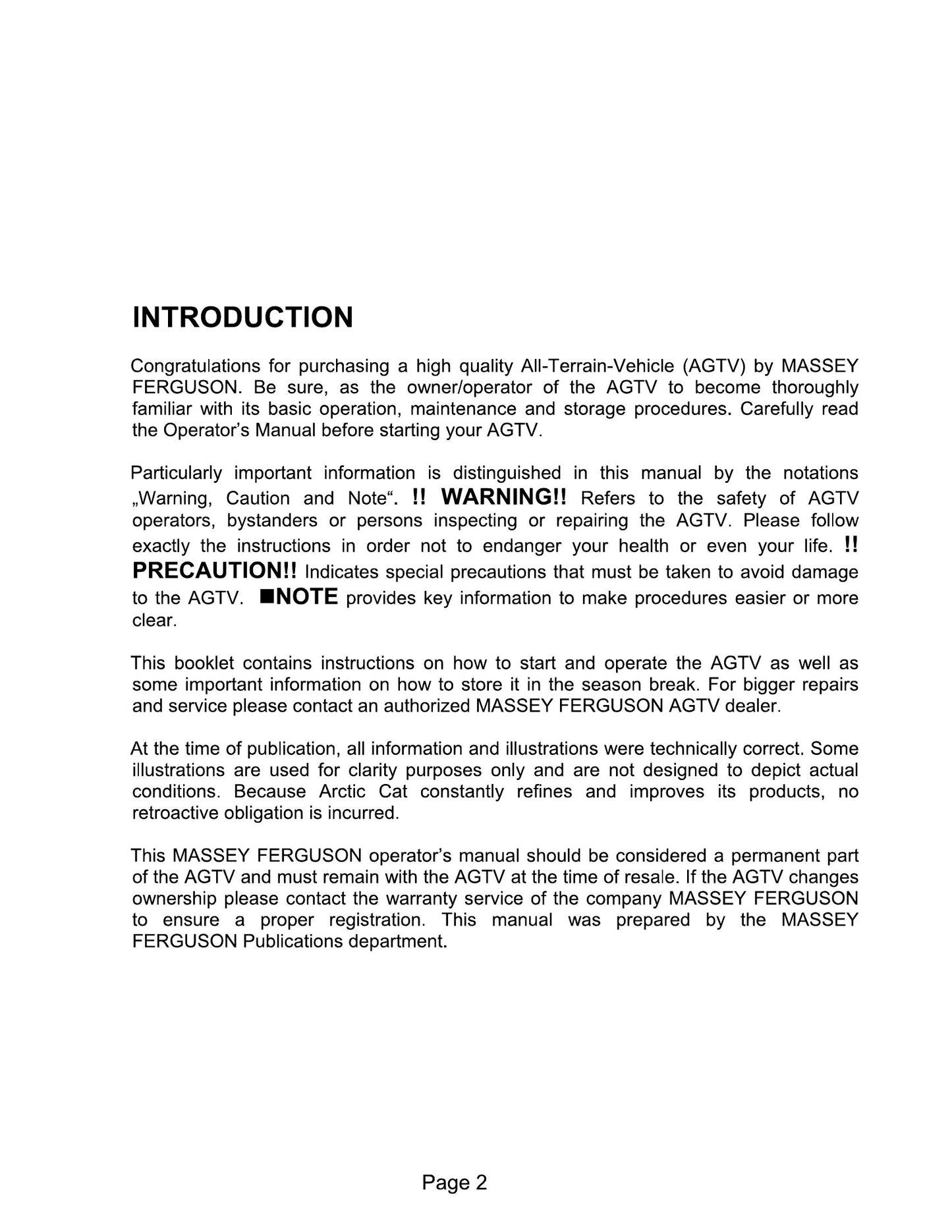 MASSEY FERGUSON AGTV All-Terrain Vehicle Factory Workshop Operator Manual