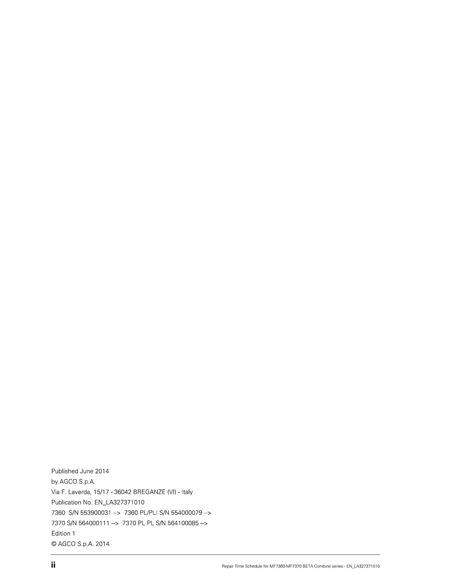 MASSEY FERGUSON MF7360 MF7370 Combine Repair Time Schedule EN_LA327371010