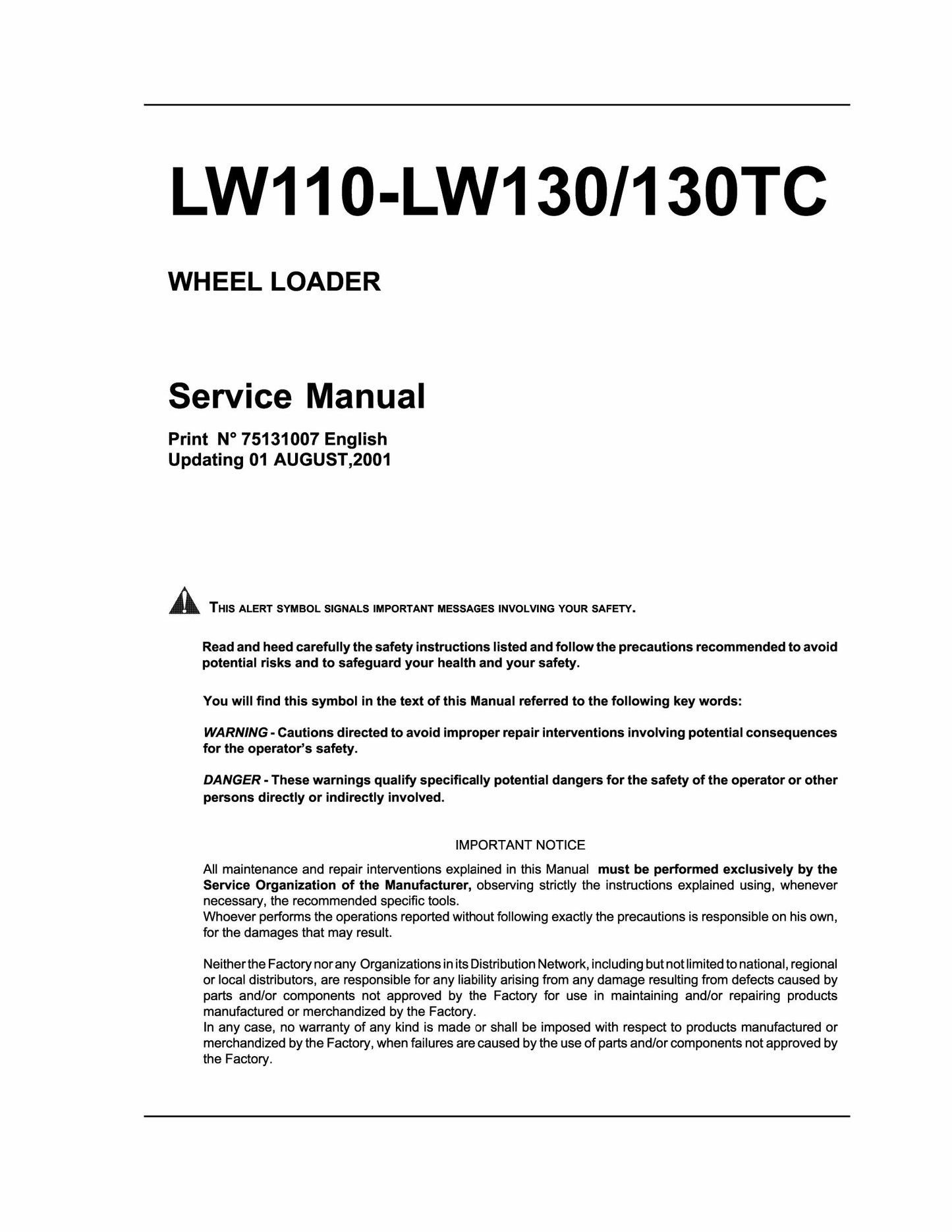 NEW HOLLAND LW110 LW130 LW130TC Wheel Loader Factory Workshop Service Manual