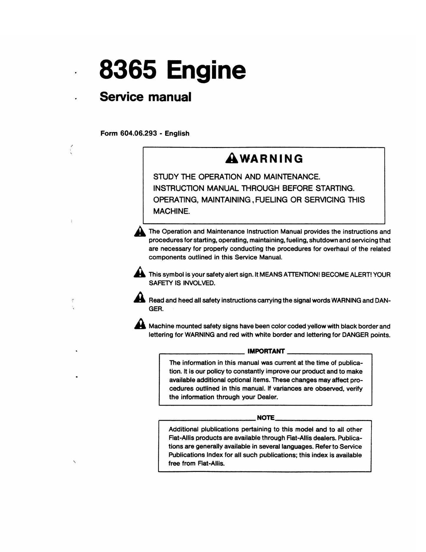 Fiat-Allis 8365 Engine Factory Workshop Service Manual FORM 604.06.293