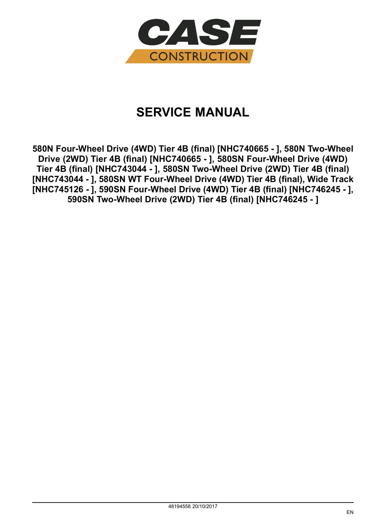CASE 580N 580SN WT 580SN 590SN Tractor Loader Backhoe Factory Workshop Service Manual 48194558