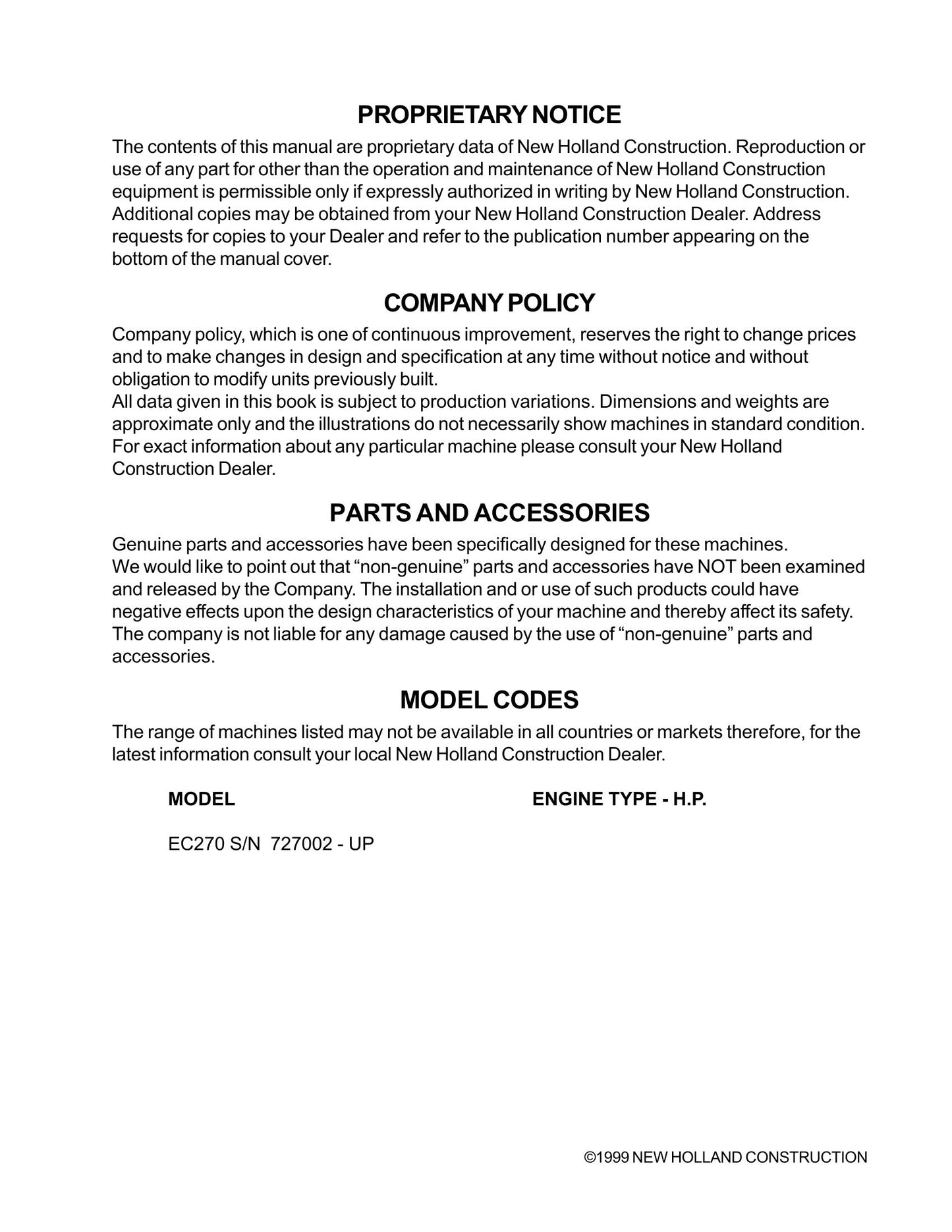 New Holland EC270 Crawler Excavator Factory Workshop Service Manual