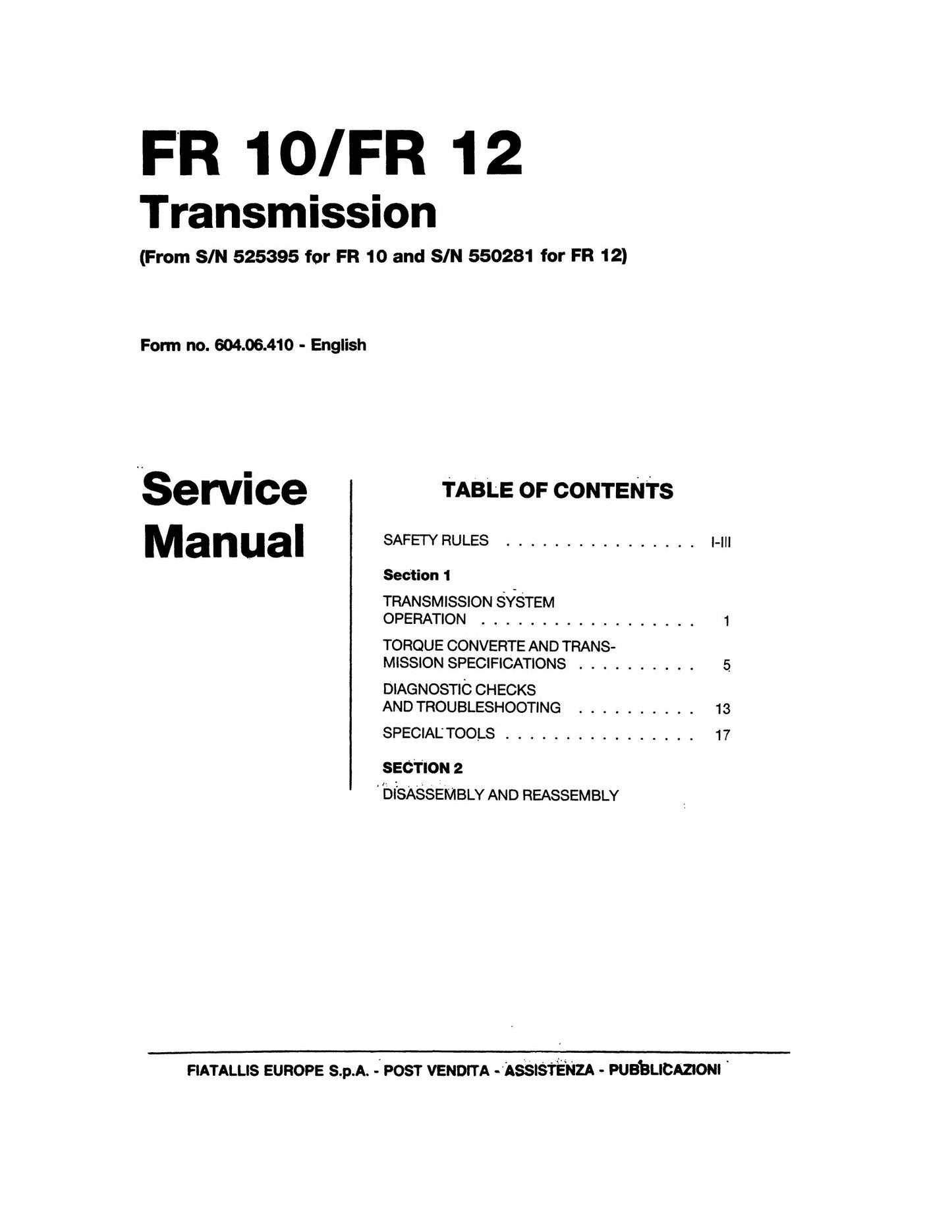 FIATALLIS FR10 FR12 FR12B Wheel Loader Factory Workshop Service Manual 604.06.410