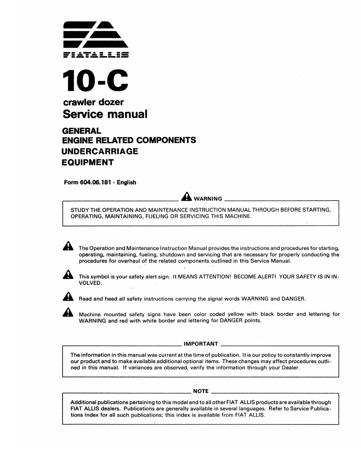 FIATALLIS 10-C Bulldozer Factory Workshop Service Manual 604.06.181