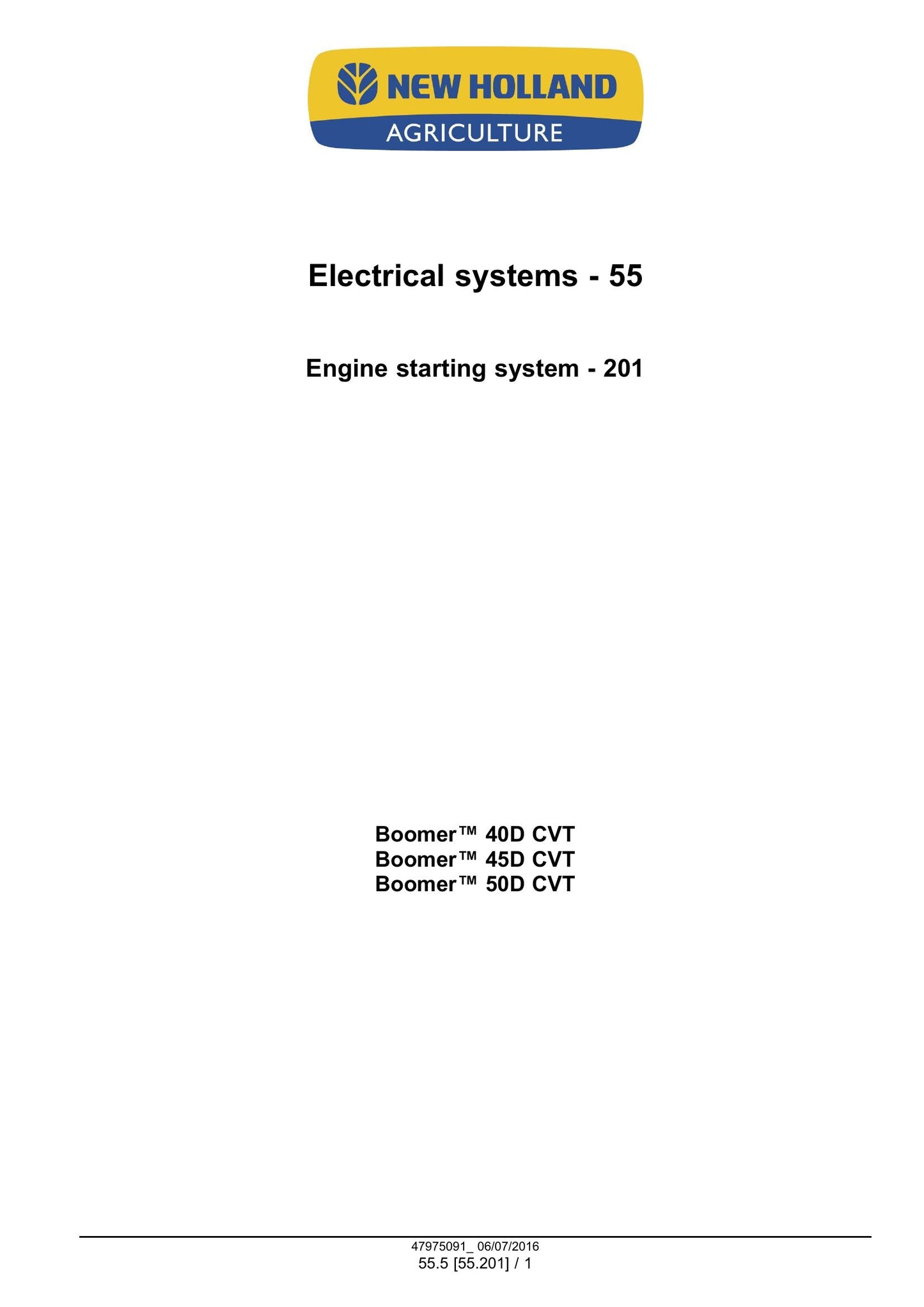 New Holland Boomer 40D CVT Boomer 45D CVT Boomer 50D CVT Compact Tractor Factory Workshop Service Manual 48001043