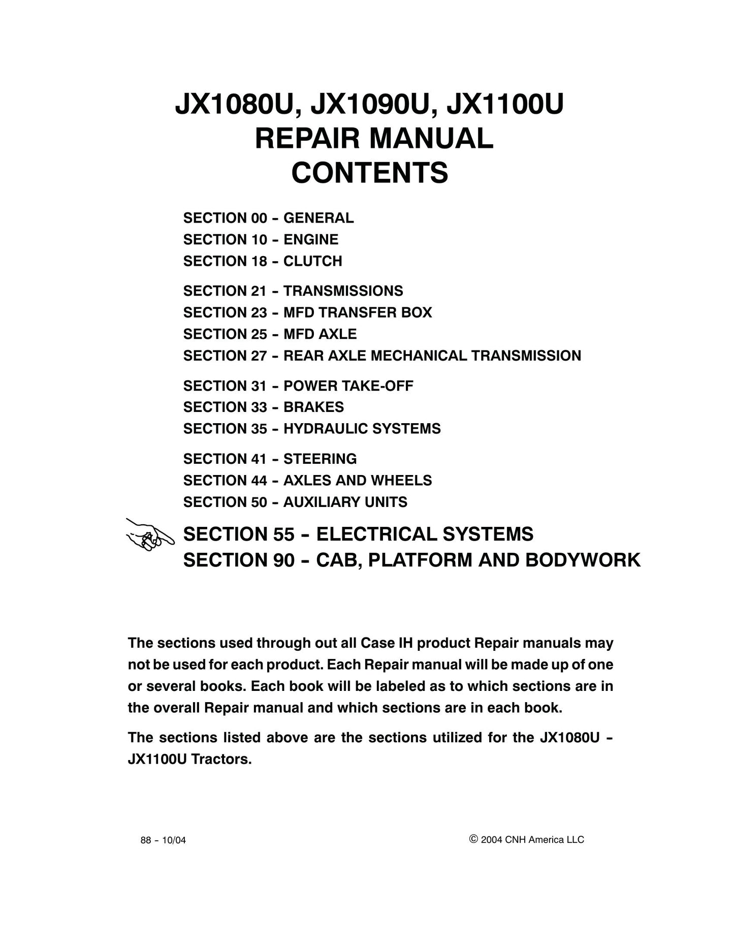 CASE IH JX1080U JX1090U JX1100U Tractor Factory Workshop Repair Manual 87054734