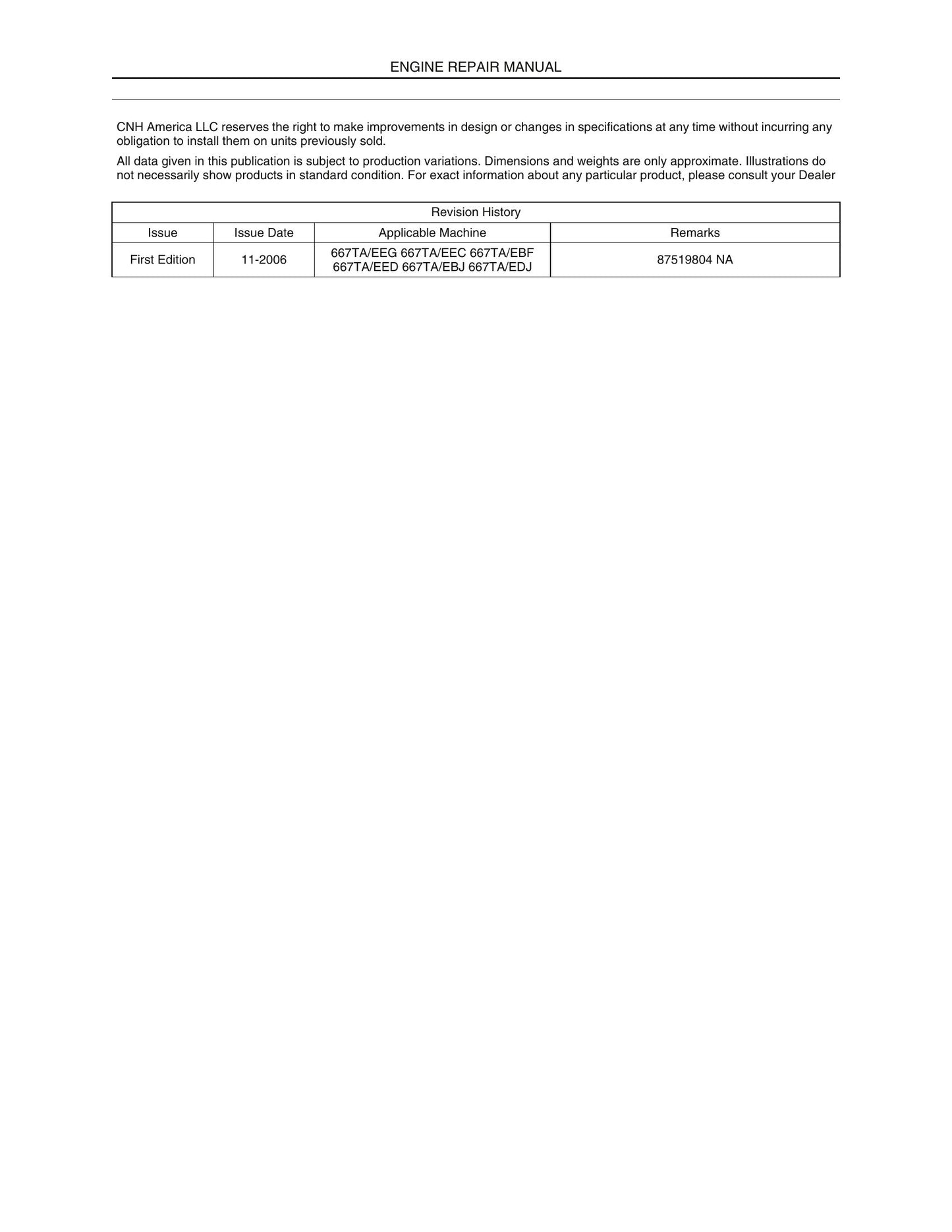 NEW HOLLAND 667TA/EEG 667TA/EEC 667TA/EBF 667TA/EED 667TA/EBJ 667TA/EDJ Engine Factory Workshop Repair Manual 87519804 NA