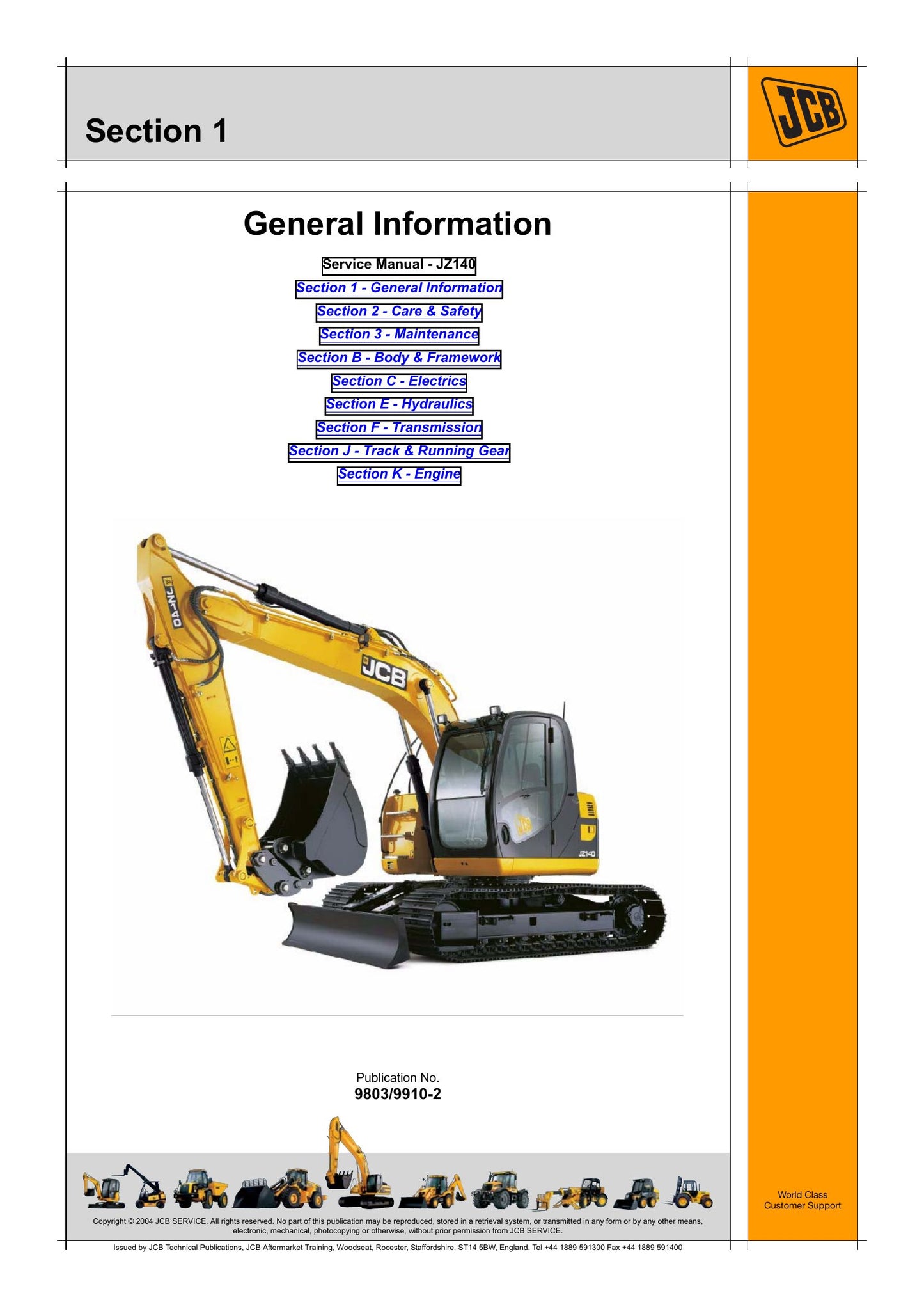 JCB JZ140 Crawler Excavator Factory Workshop Service Manual 9803/9910