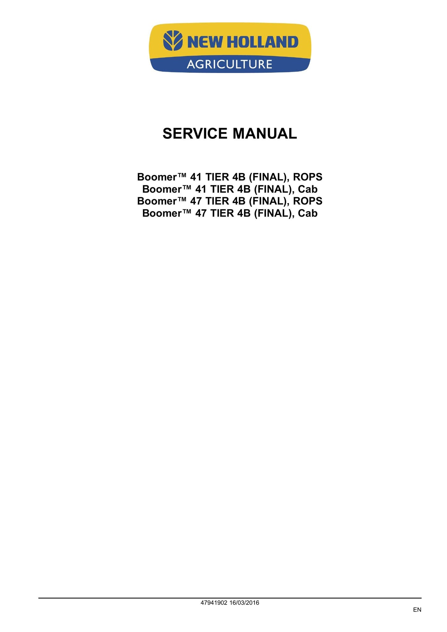 New Holland Boomer 41 Boomer 47 Tractor Factory Workshop Service Manual 47941902