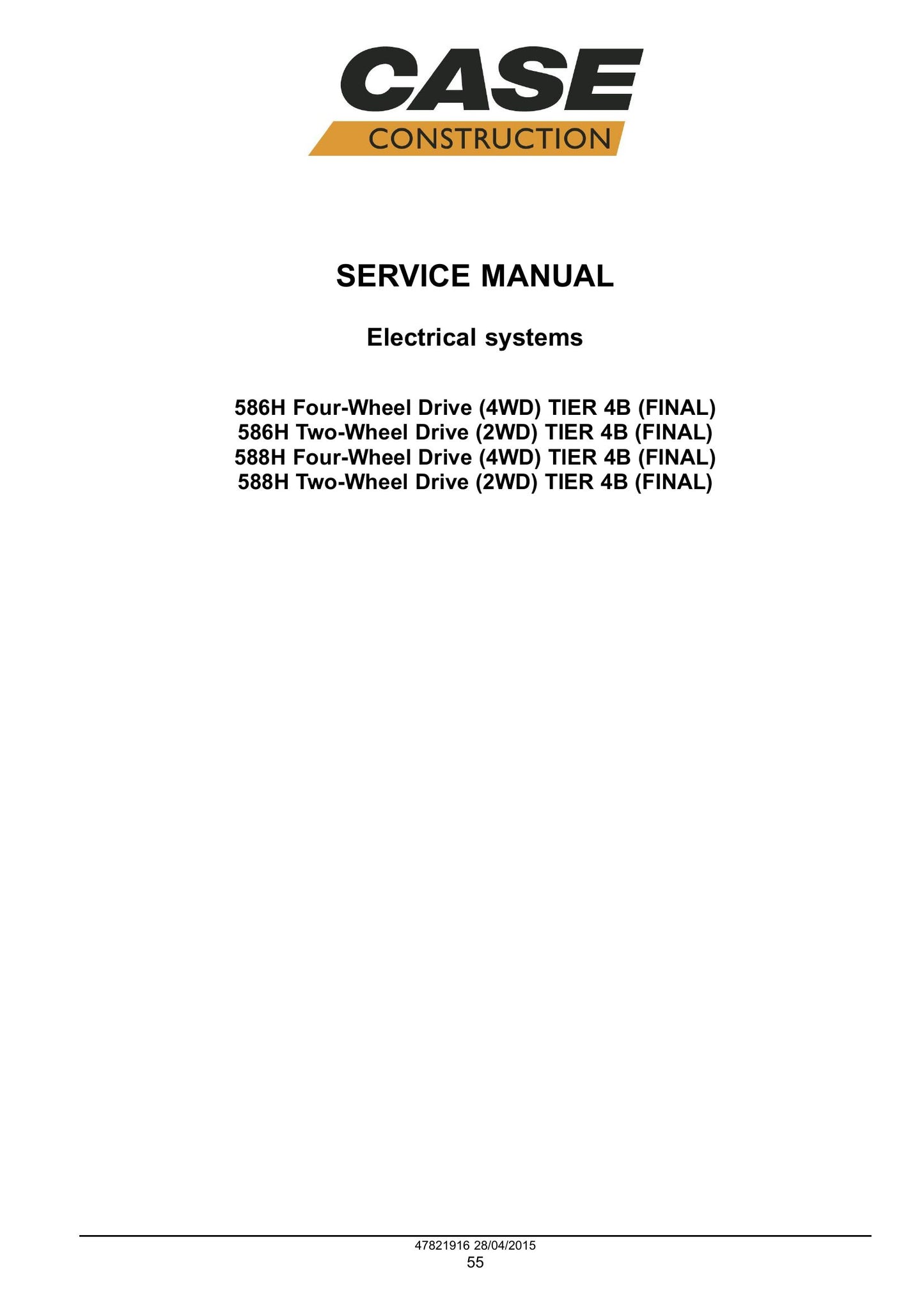 CASE 586H 588H Rough Terrain Forklift Factory Workshop Service Manual 47881828