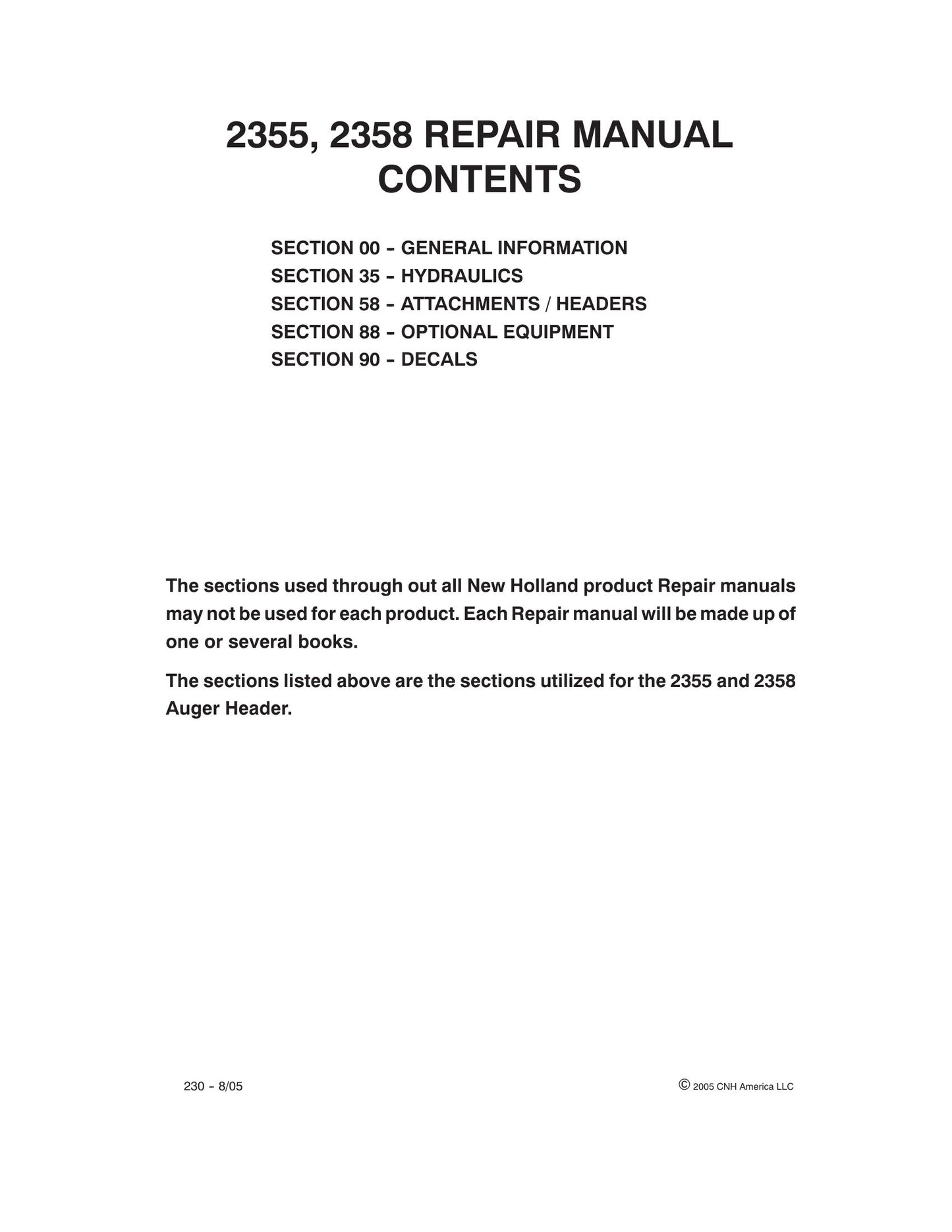 New Holland 2355 2358 Auger Header Factory Workshop Repair Manual