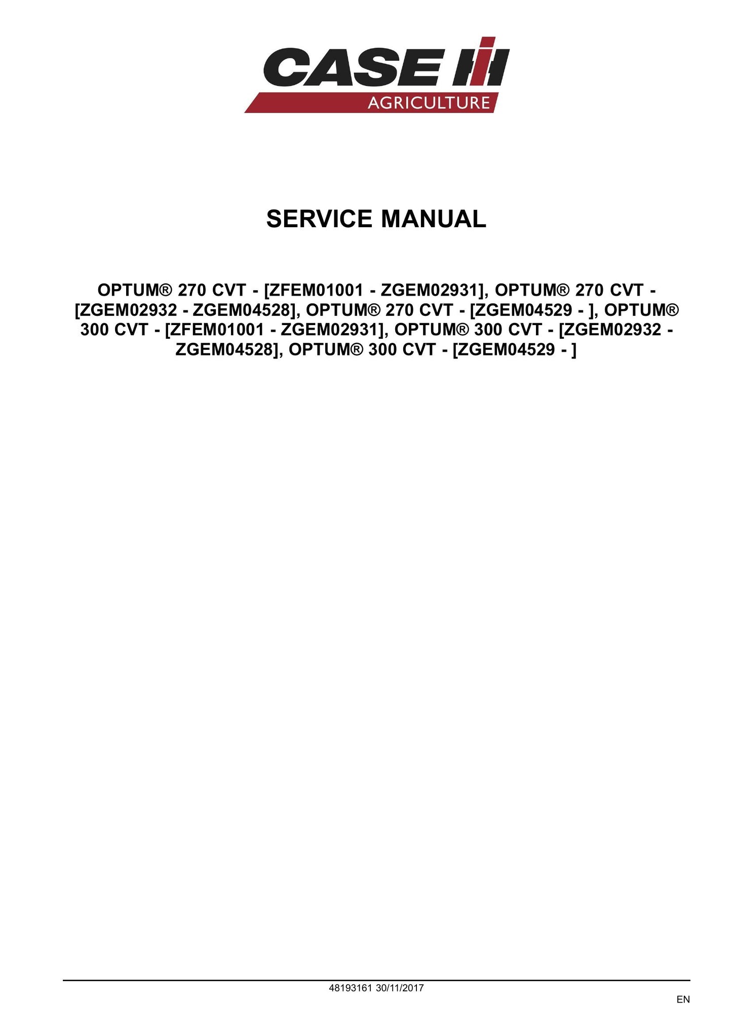 CASE Optum 270 Optum 300 Tractor Factory Workshop Service Manual 48193161
