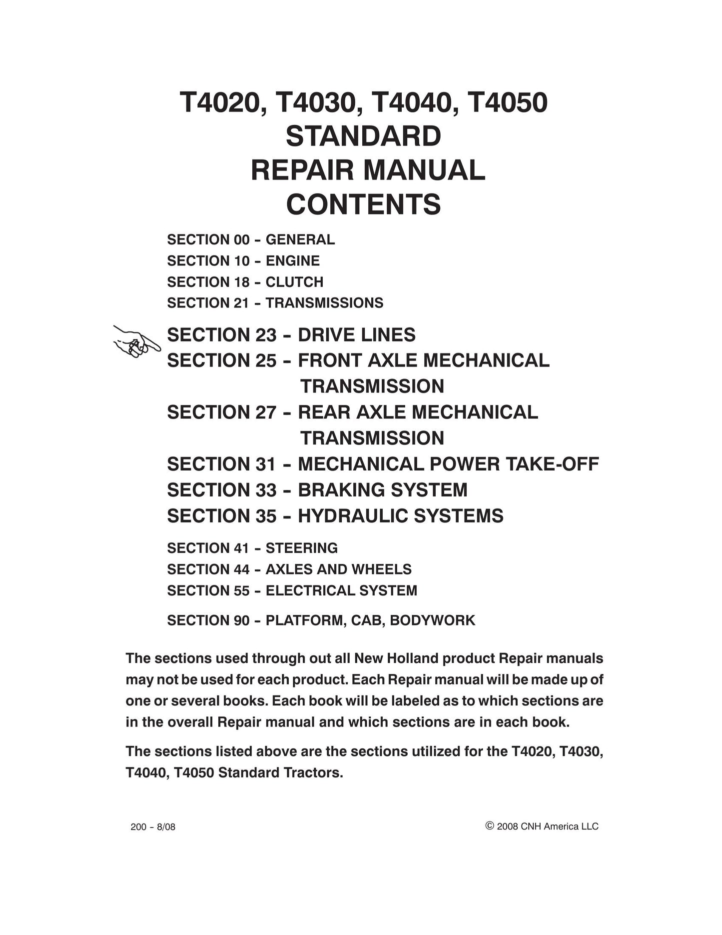 NEW HOLLAND T4020 T4030 T4040 T4050 Tractor Factory Workshop Repair Manual 87758544