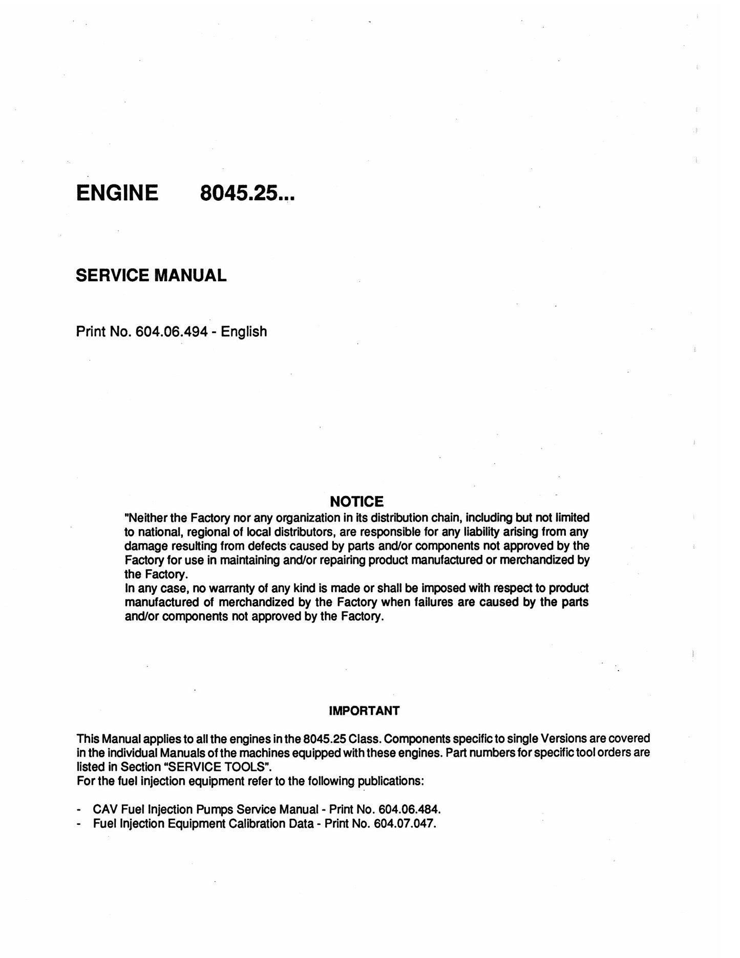FIATALLIS 8045.25 Engine Factory Workshop Service Manual 604.06.494