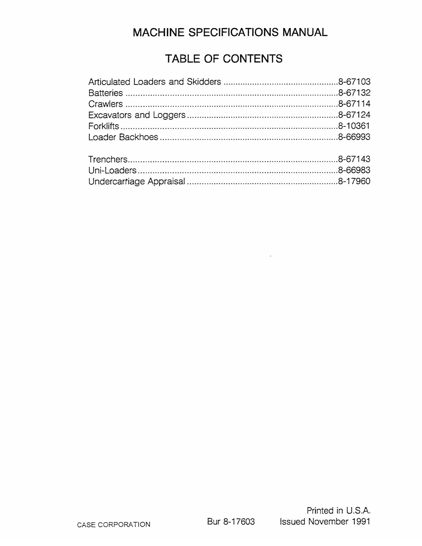 CASE Construction Equipment Machine Specifications Manual 8-67584