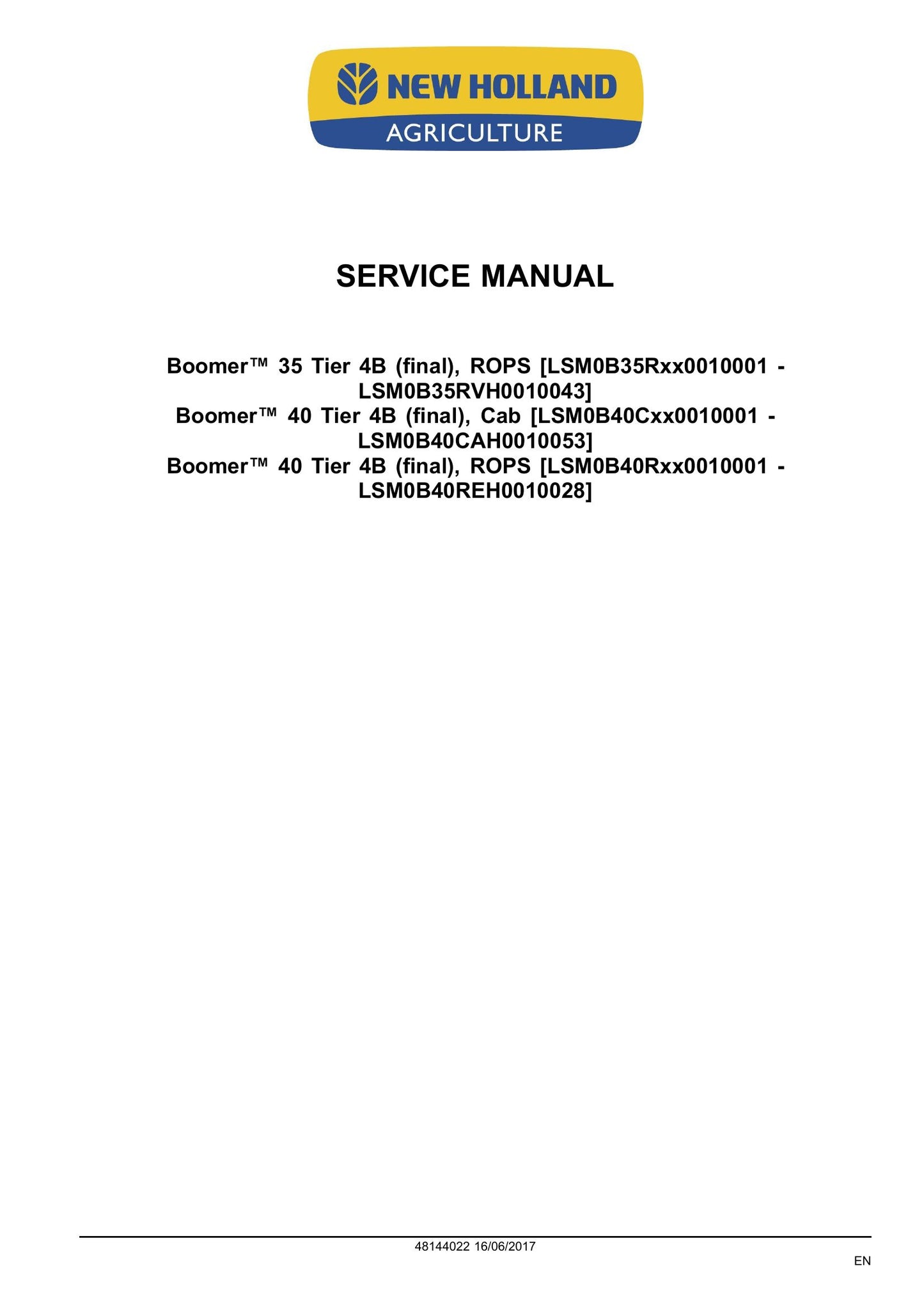 New Holland Boomer 35 Boomer 40 Compact Tractor Factory Workshop Service Manual 48144022