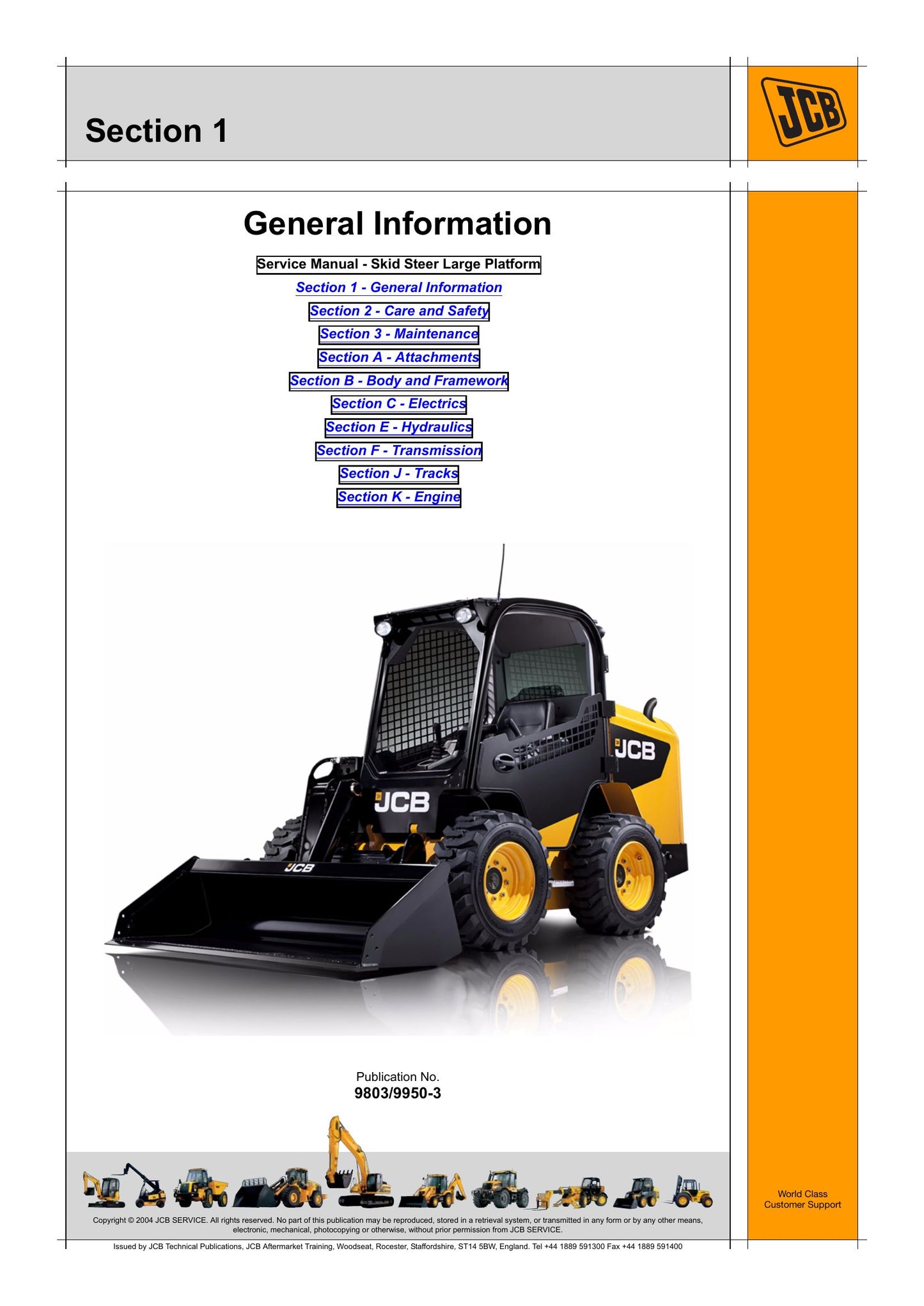 JCB 225 225T 260 260T 280 300 300T 320T 330 Skid Steer Loader Factory Workshop Service Manual 9803/9950-3