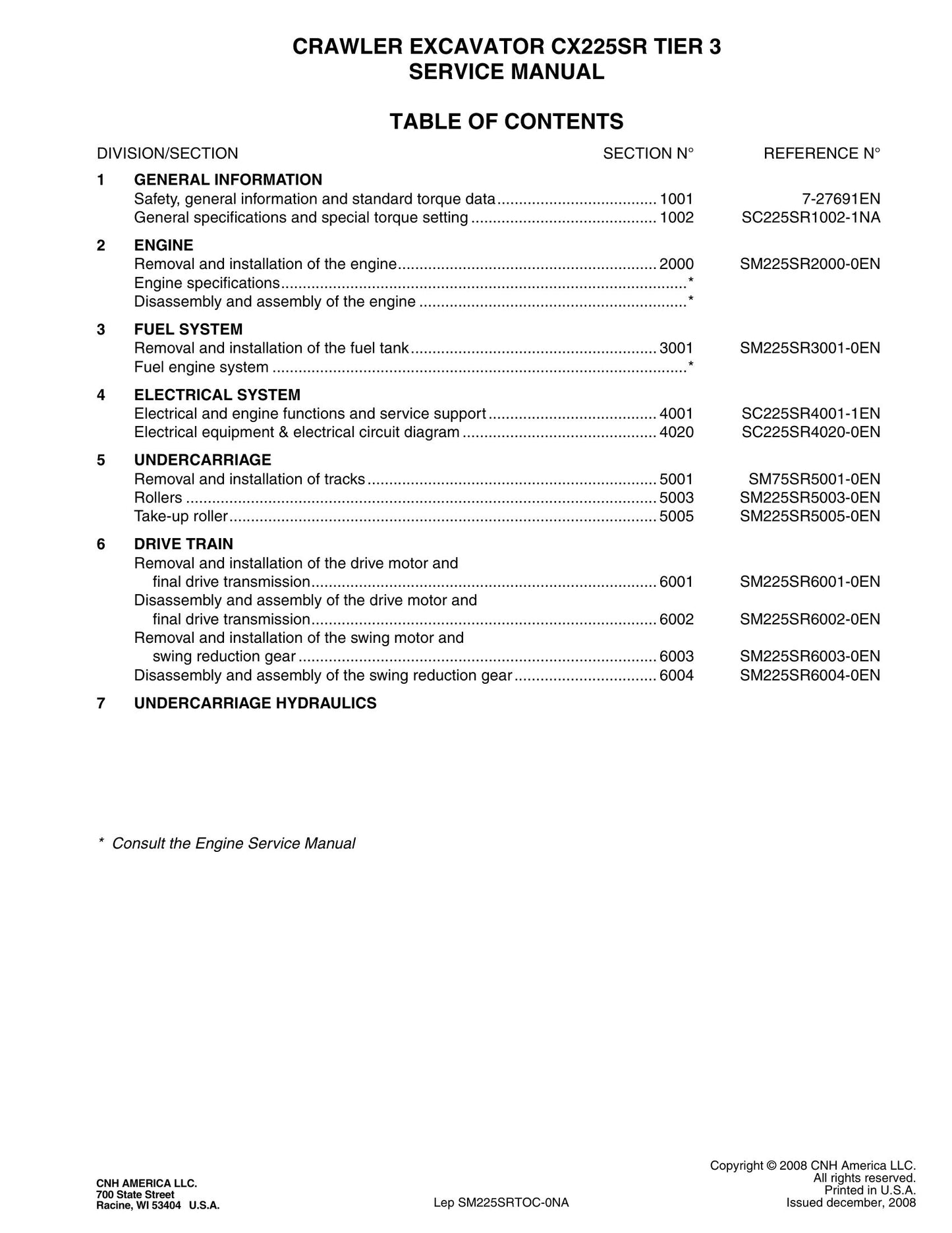 CASE CX225SR Crawler Excavator Factory Workshop Service Manual