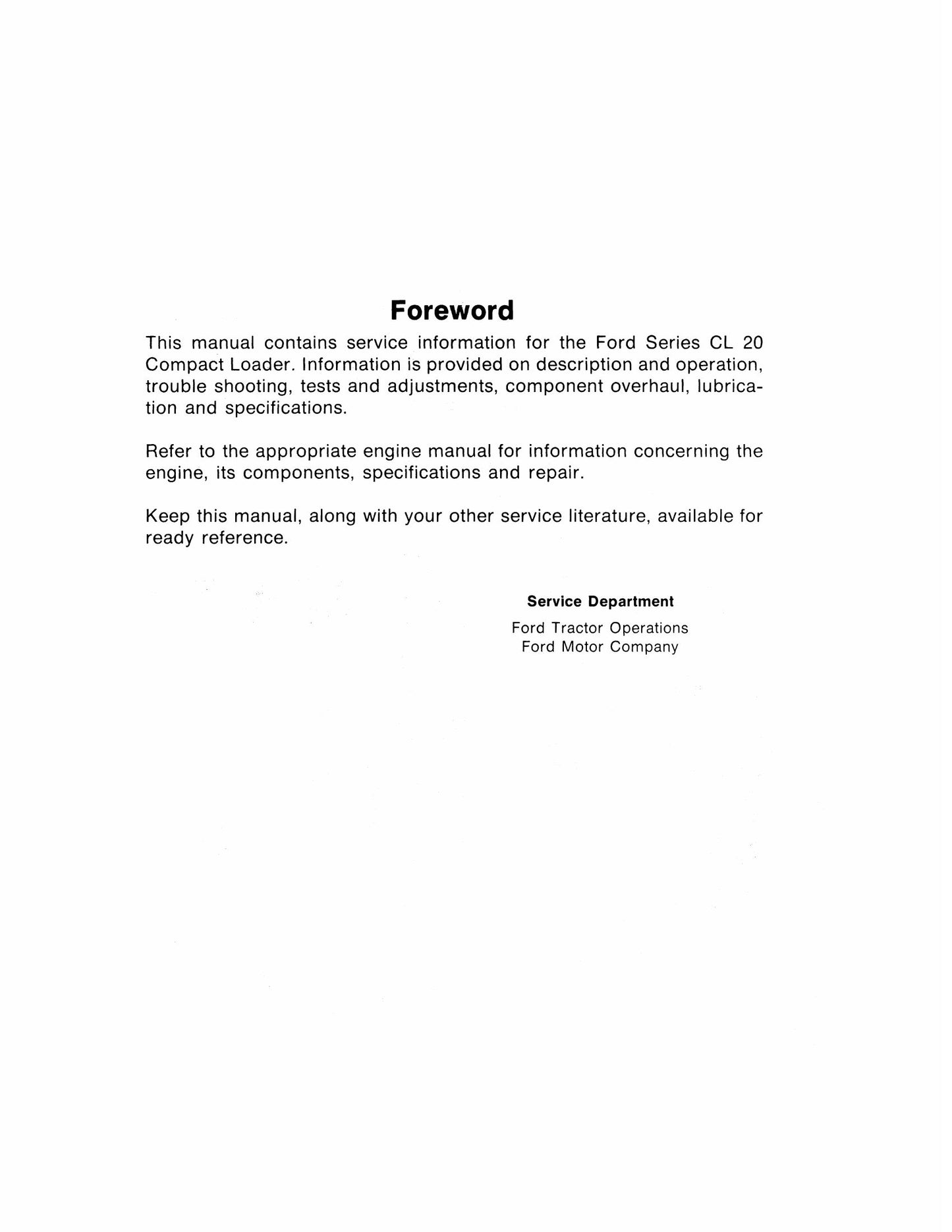 FORD CL-20 Skid Steer Loader Factory Workshop Repair Manual 40002010