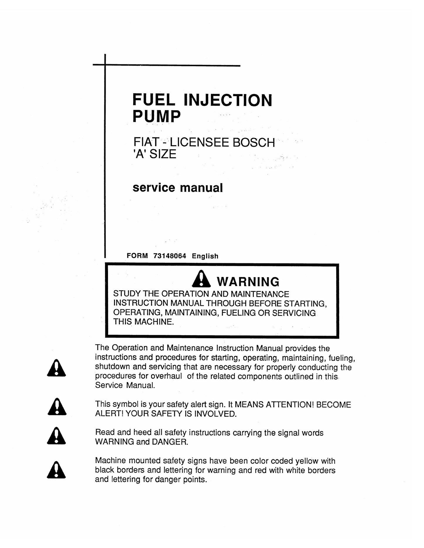 FIAT-ALLIS Fuel Injection Pump Factory Workshop Service Manual 73148064