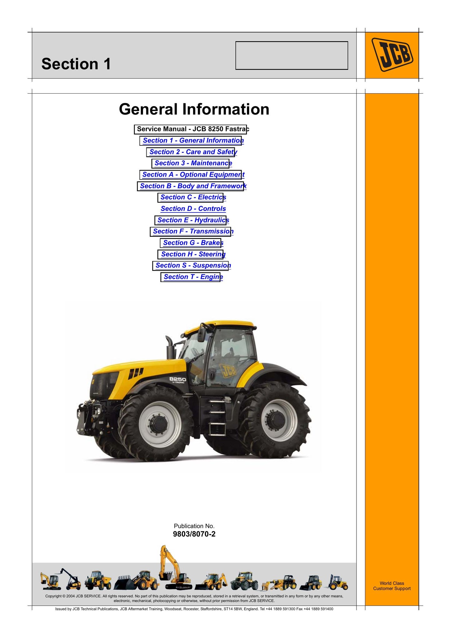 JCB 8250 Fastrac Tractor Factory Workshop Service Manual 9803/8070