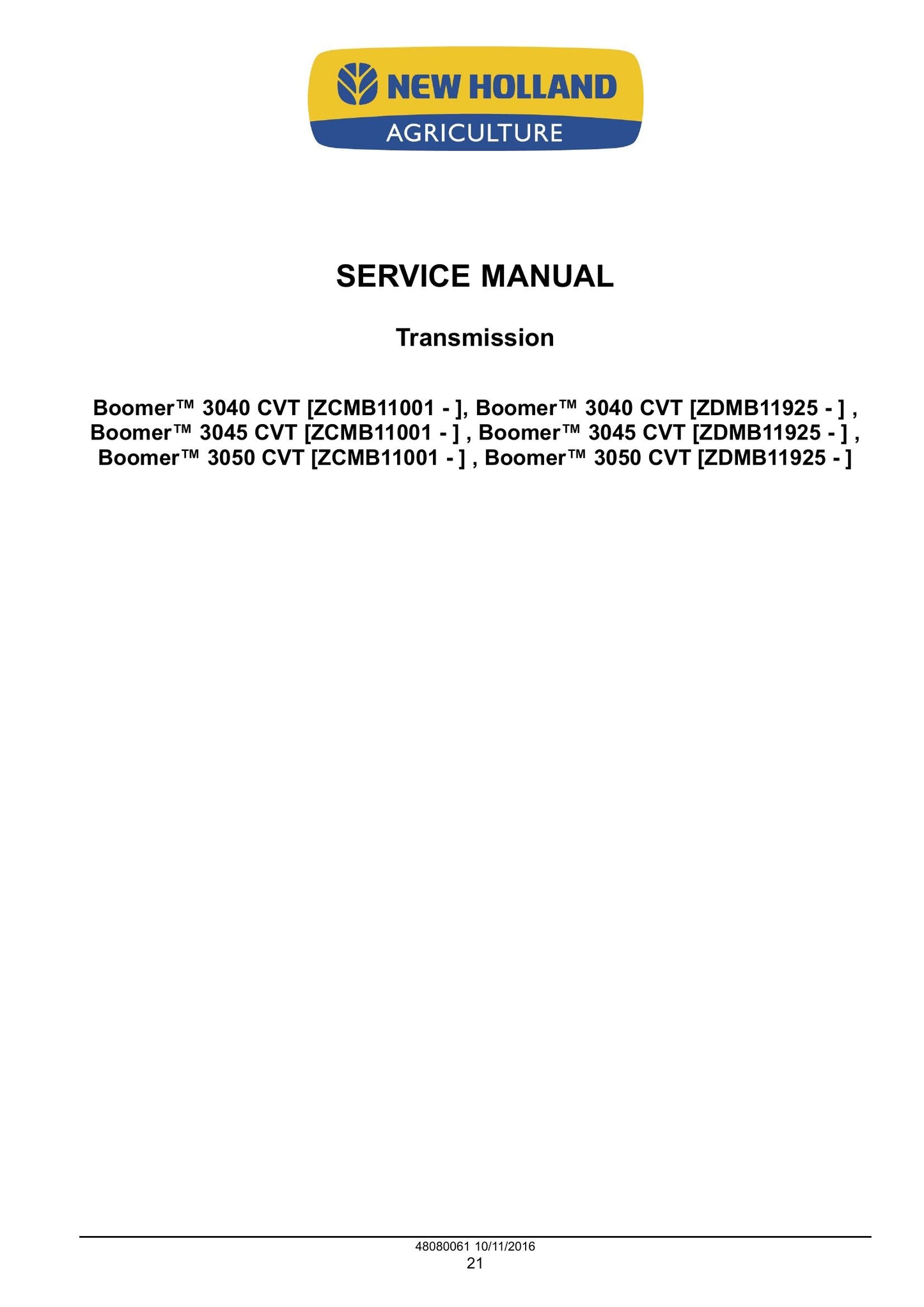 New Holland Boomer 3040 CVT Boomer 3045 CVT Boomer 3050 CVT Compact Tractor Factory Workshop Service Manual 48082166
