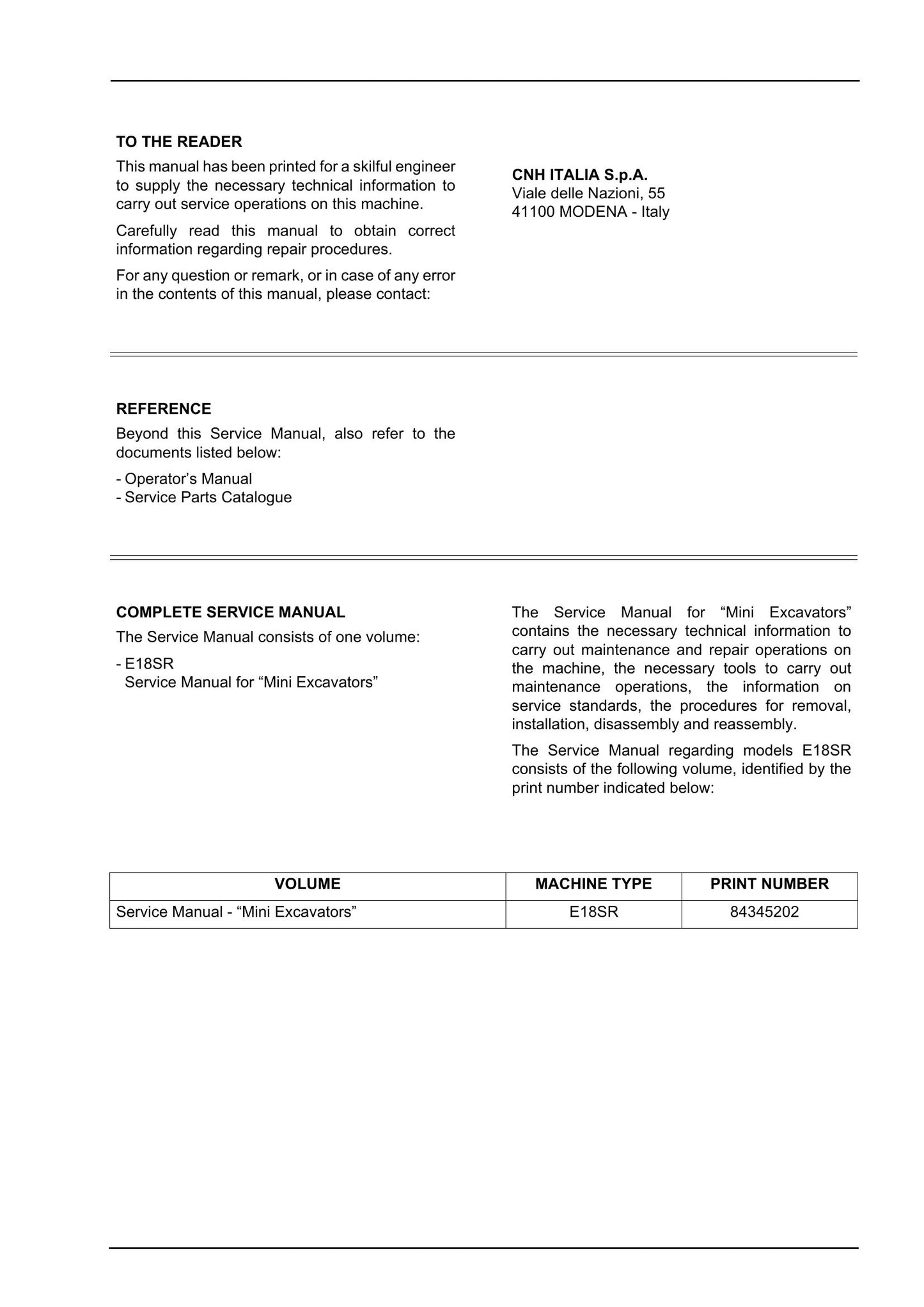 New Holland E18SR Mini Excavator Factory Workshop Service Manual 84345202