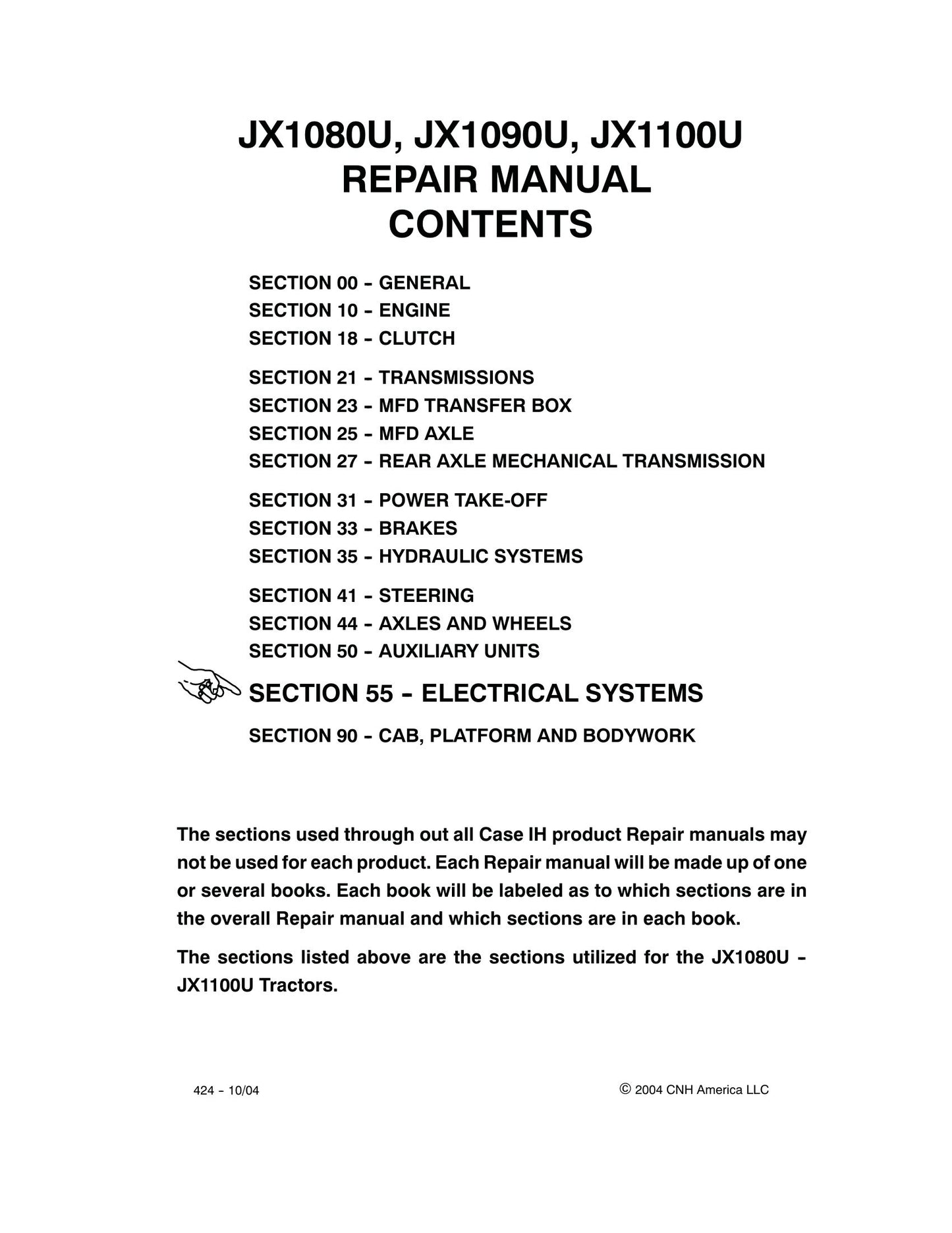 CASE JX1080U JX1090U JX1100U Tractor Factory Workshop Repair Manual 87054733