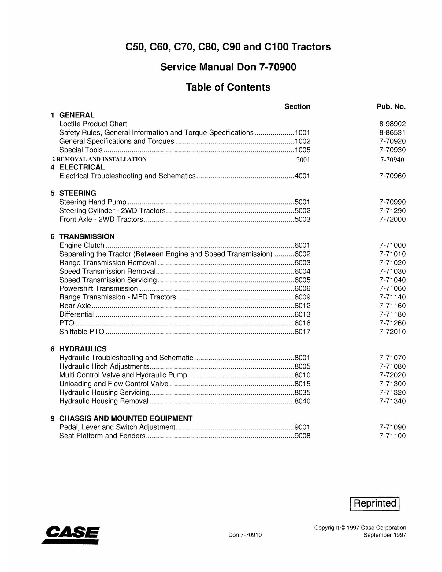 CASE C50 C60 C70 C80 C90 C100 Tractor Factory Workshop Service Manual 7-70900