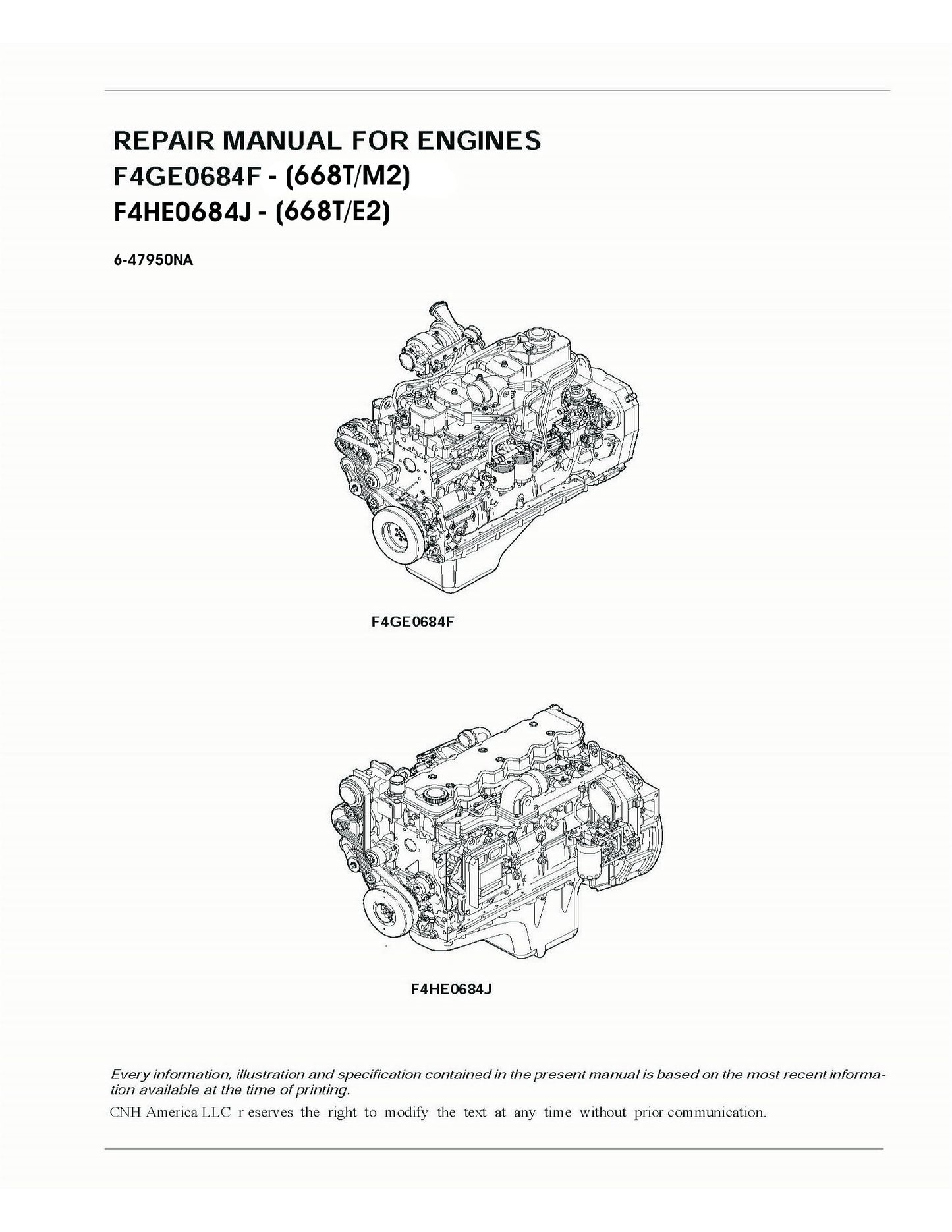CASE 668T/M2 668T/E2 Engine Factory Workshop Service Manual Bur 6-47950NA