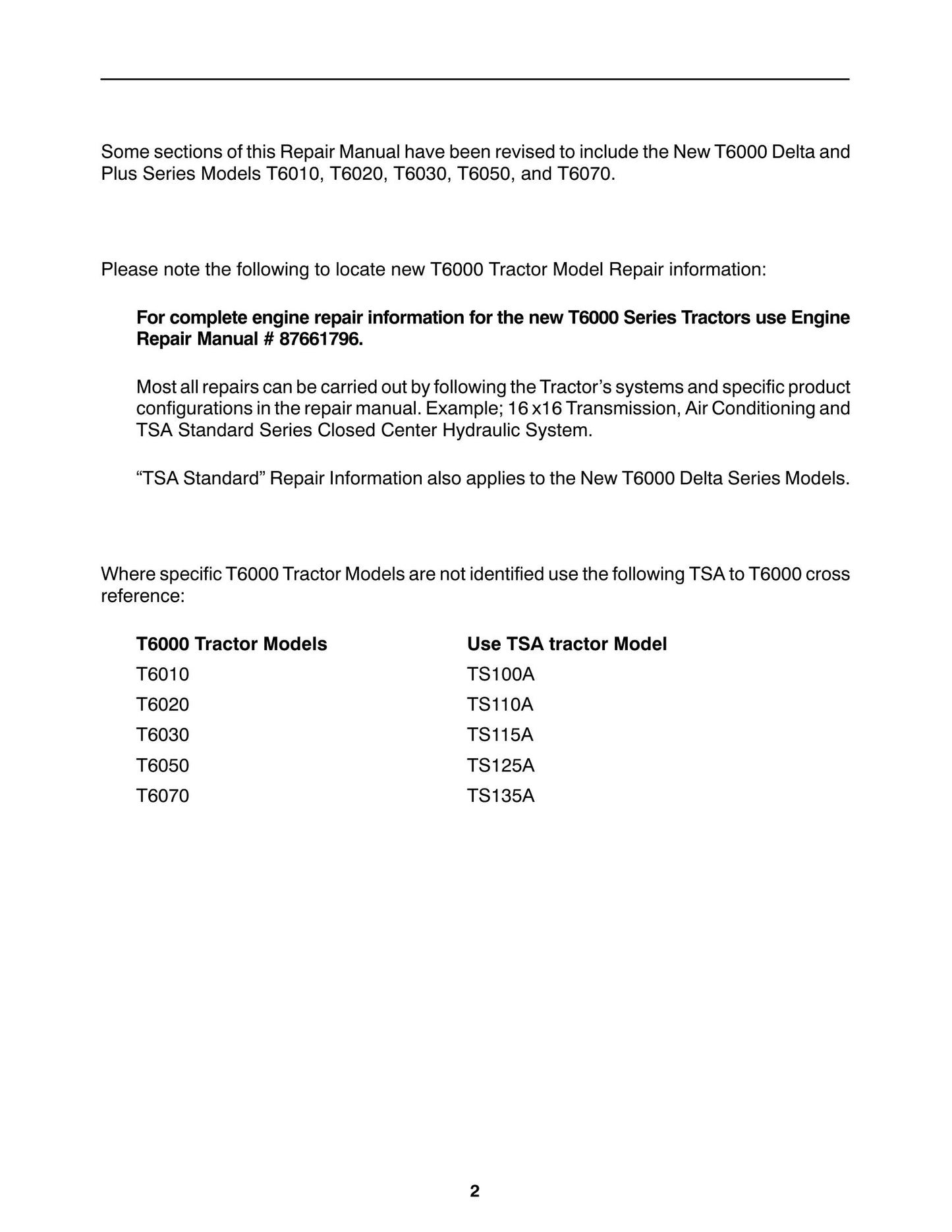 New Holland TS100A TS110A TS115A TS125A TS130A TS135A T6010 T6020 T6030 T6050 T6070 Tractor Factory Workshop Repair Manual 87693272