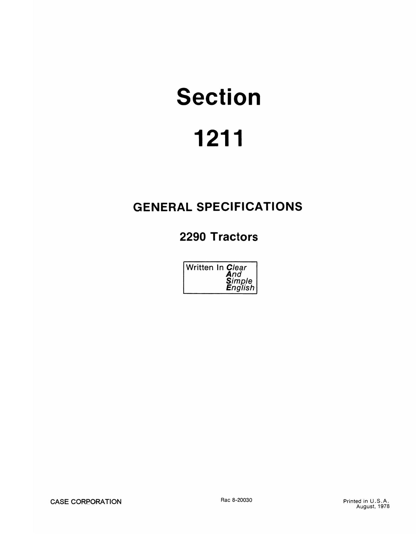 CASE 2090 2290 Tractor Factory Workshop Service Manual 8-20000