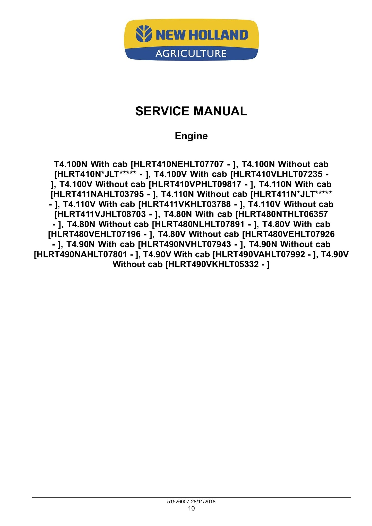 New Holland T4.80V T4.90V T4.100V T4.110V T4.80N T4.90N T4.100N T4.110N Tractor Factory Workshop Service Manual 51526007