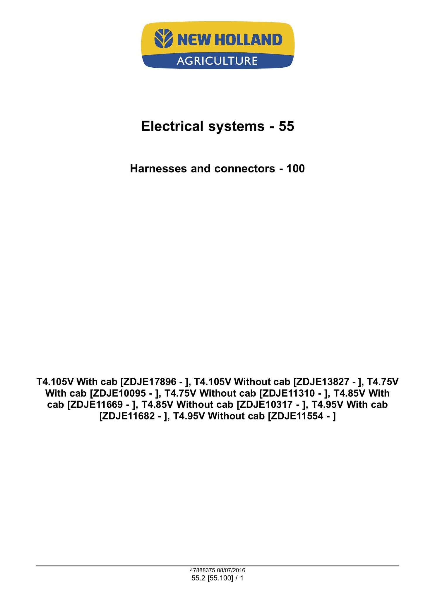 New Holland T4.75V T4.85V T4.95V T4.105V Tractor Factory Workshop Service Manual 48038296