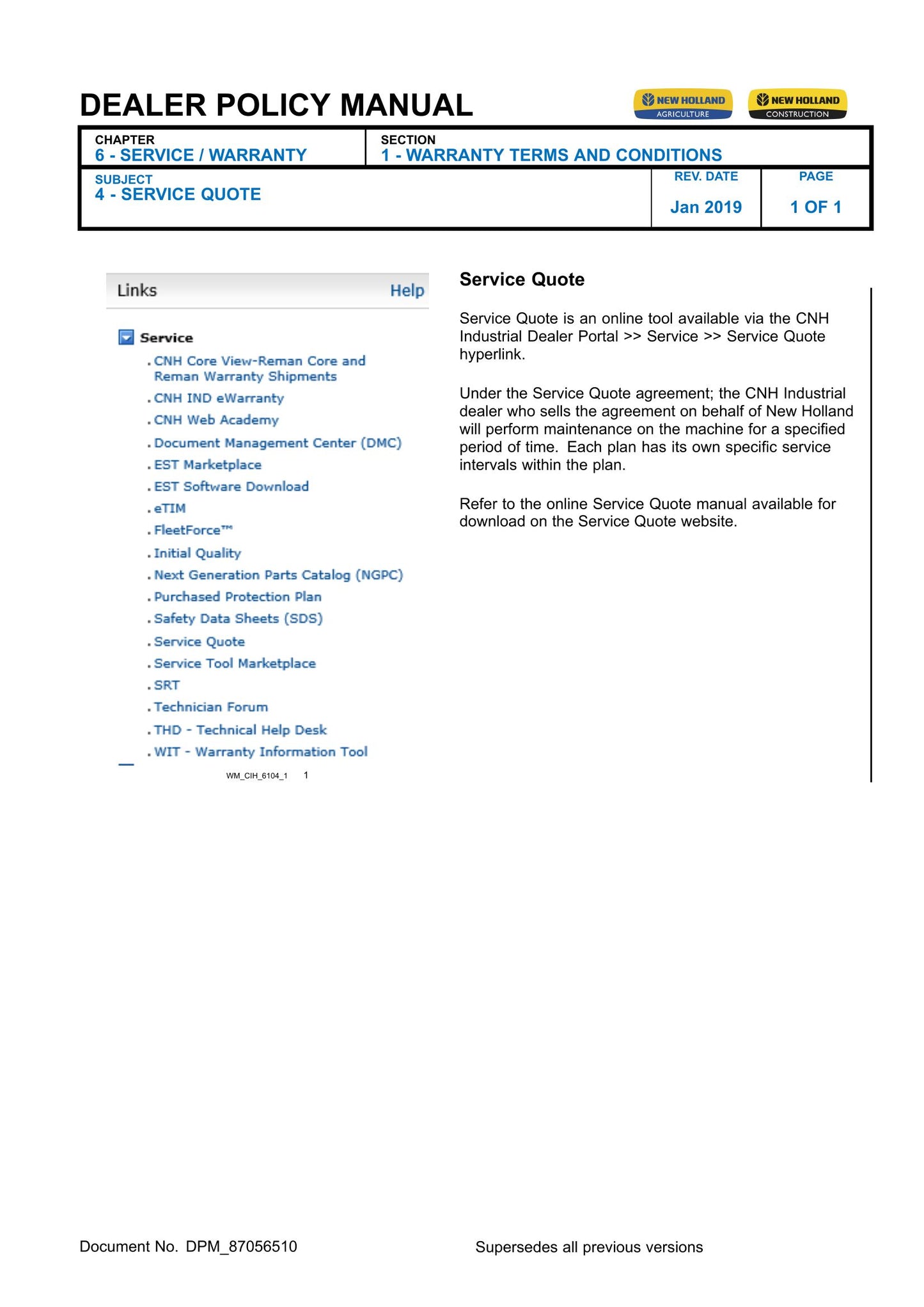 New Holland T9 Tractor Dealer Policy Manual DPM_87056510