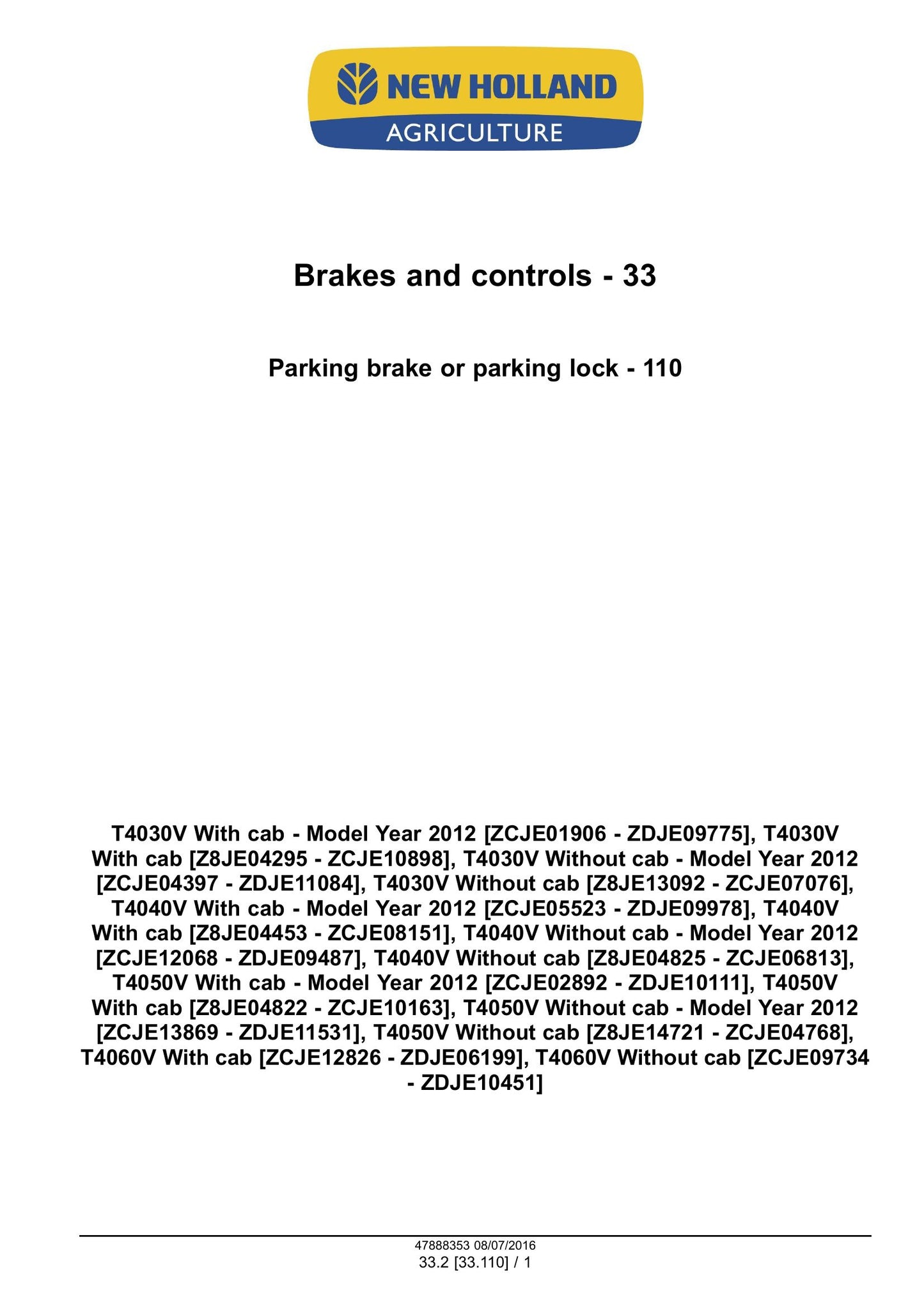 New Holland T4030V T4040V T4050V T4060V Tractor Factory Workshop Service Manual 48048525