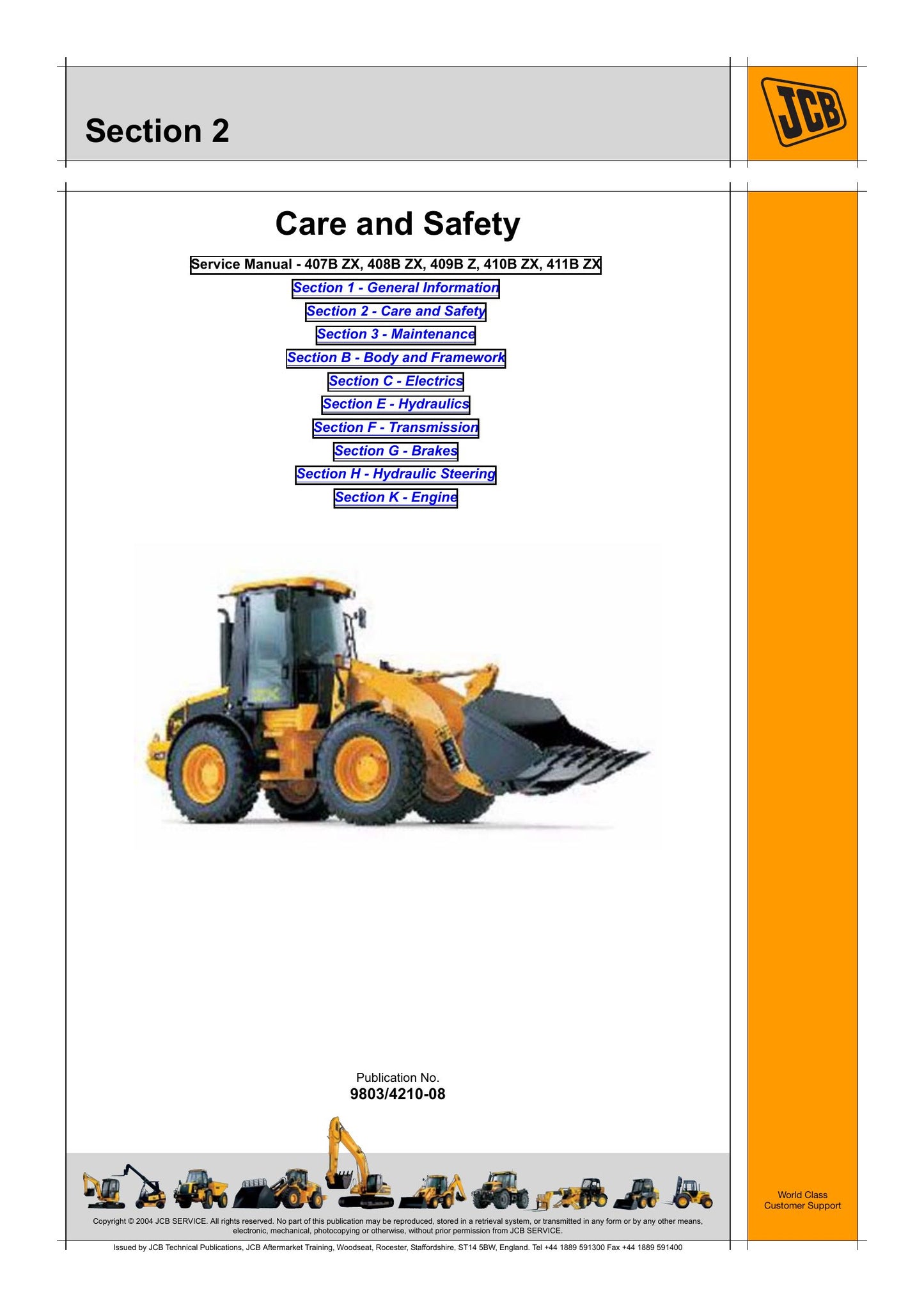 JCB 407B ZX 408B ZX 409B Z 410B ZX 411B ZX Wheel Loader Factory Workshop Service Manual 9803/4210-08