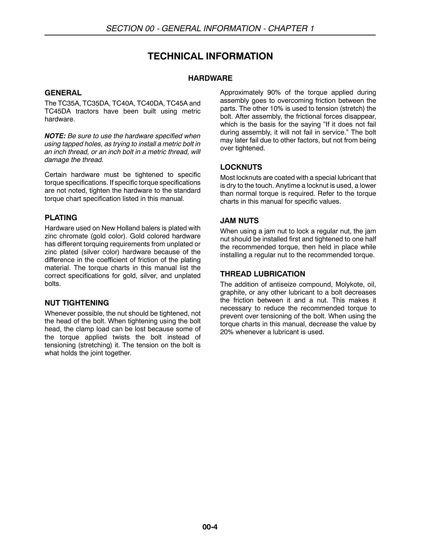 New Holland TC35A TC35DA TC40A TC40DA TC45A TC45DA Tractor Factory Workshop Repair Manual 87618716