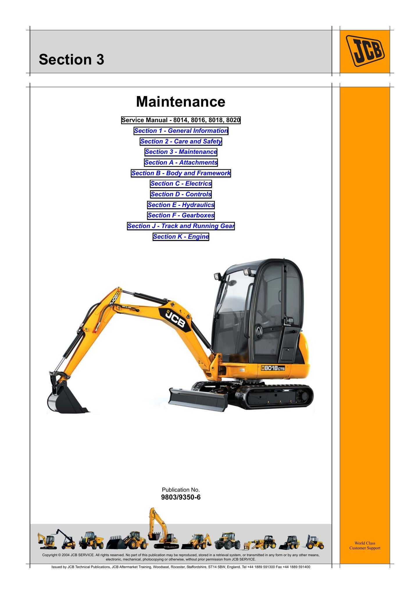 JCB 8014 8016 8018 8020 Mini Excavator Factory Workshop Service Manual 9803/9350