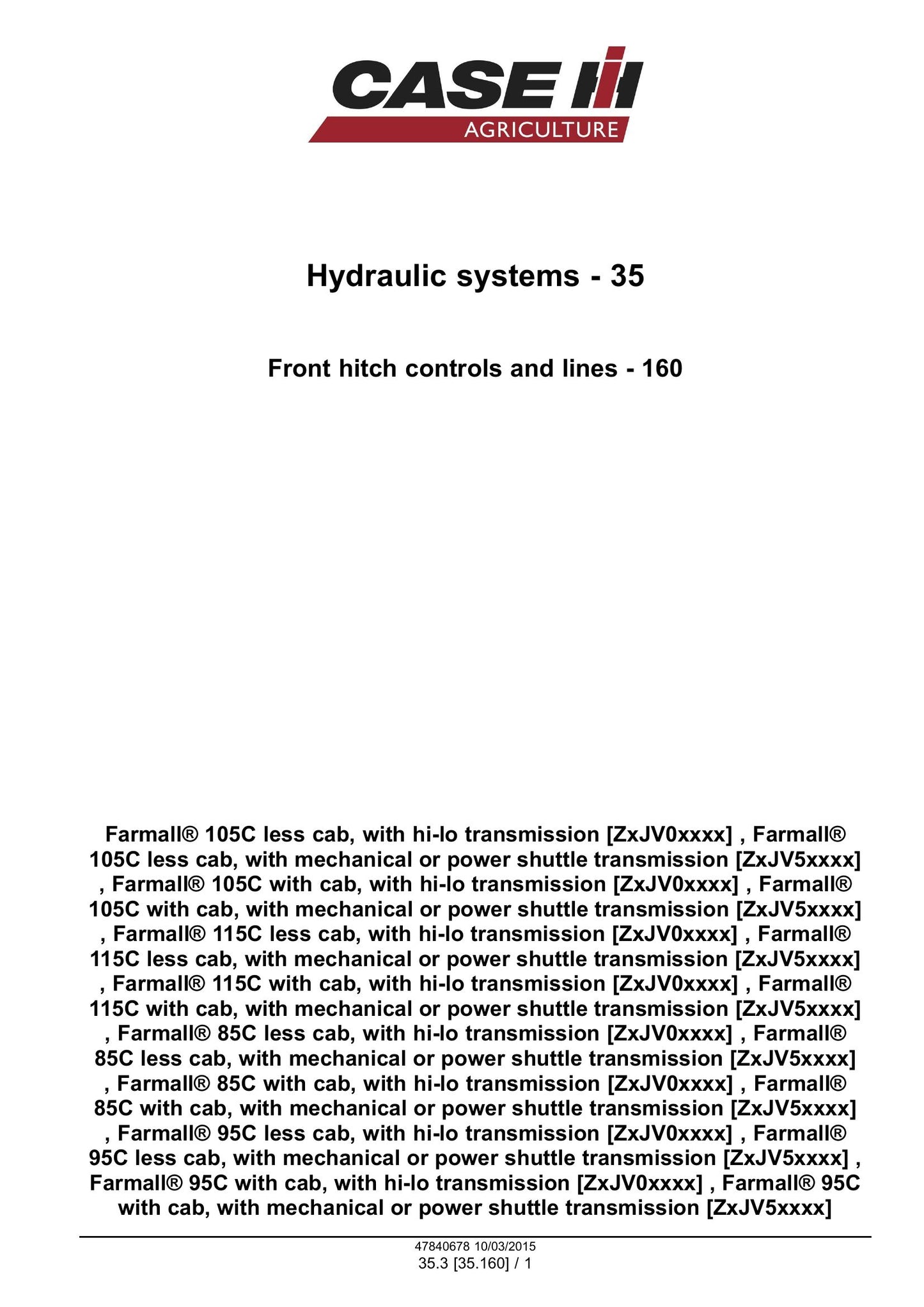CASE Farmall 85C Farmall 95C Farmall 105C Farmall 115C Tractor Factory Workshop Service Manual 47851933