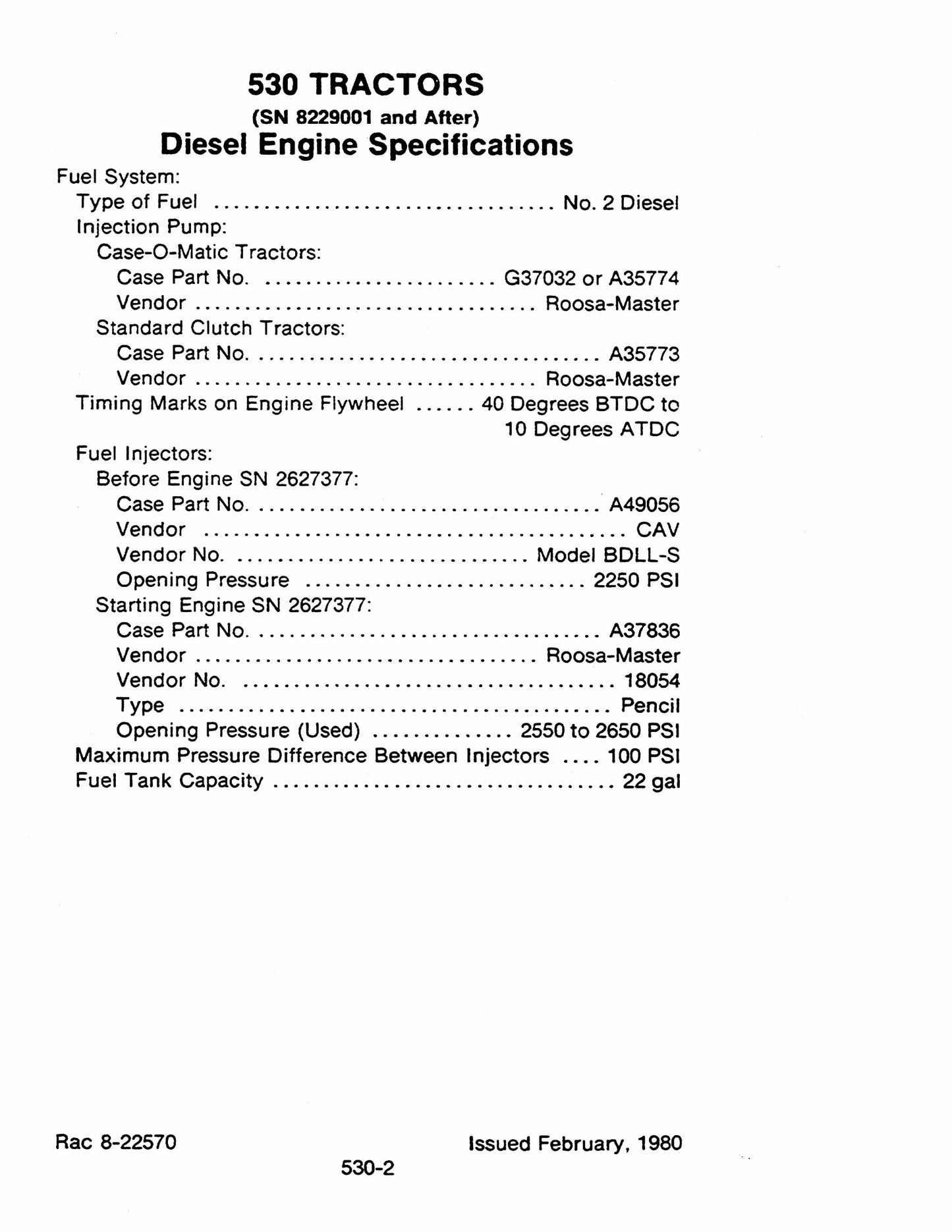 CASE Agricultural Equipment Tractor Specifications Manual 8-22570