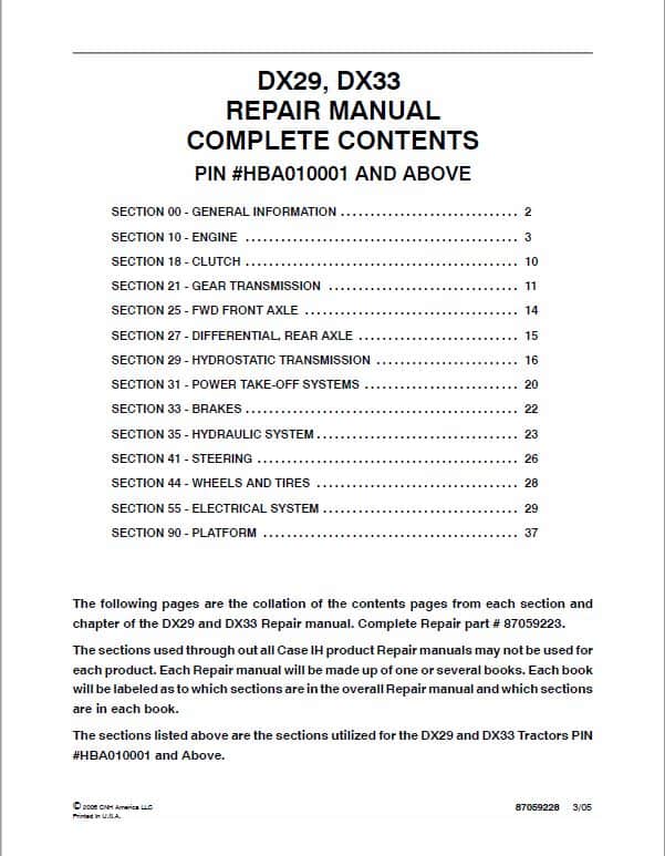 Case DX25, DX29, DX33 Tractor Service Manual Workshop Guide