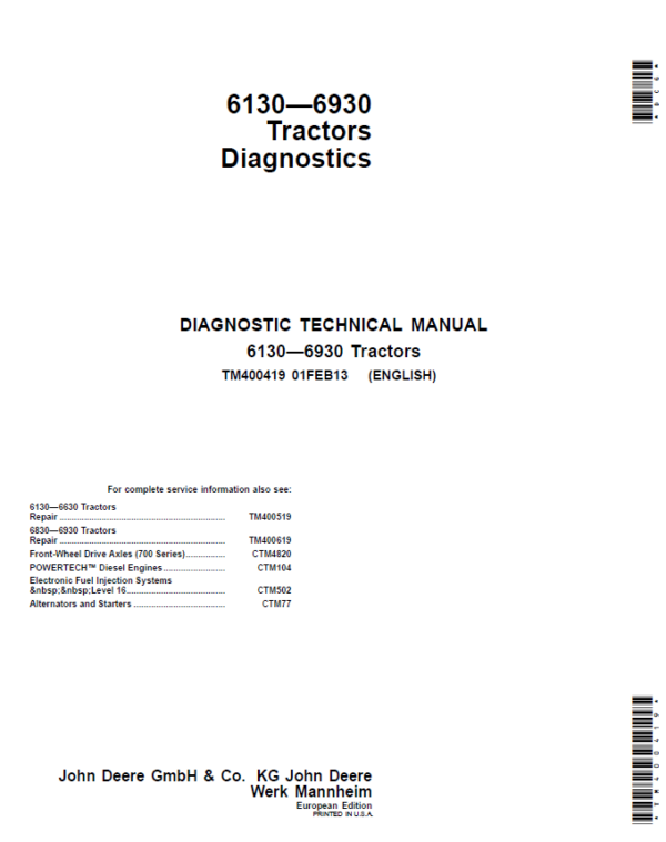 John Deere 6130, 6230, 6330, 6430, 6530, 6534, 6630 Tractors (EU) Service Repair Manual Workshop Guide