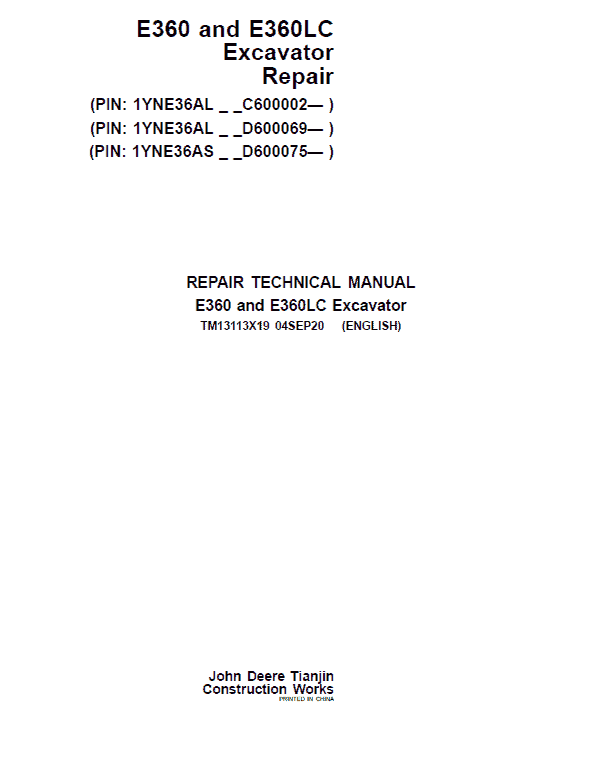 John Deere E360, E360LC Excavator Repair Technical Manual (S.N after C600002 & D600069- ) Workshop Guide