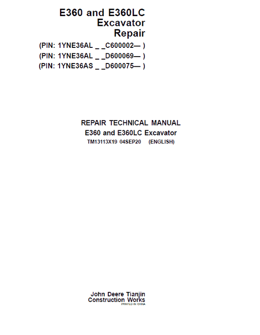 John Deere E360, E360LC Excavator Repair Technical Manual (S.N after C600002 & D600069- ) Workshop Guide