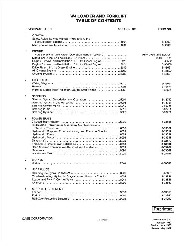 Case W4 Loader and Forklift Service Manual Workshop Guide