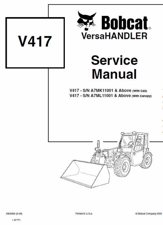 Bobcat V417 VersaHANDLER Telescopic Service Manual Workshop Guide