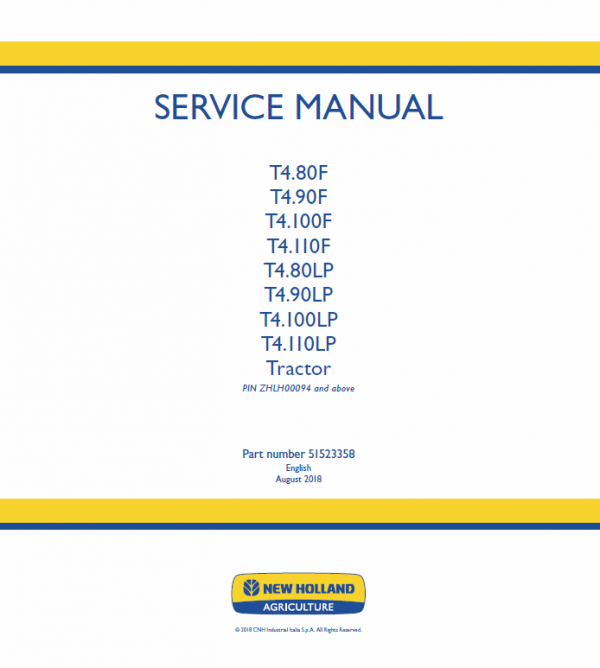 New Holland T4.80LP, T4.90LP, T4.100LP, T4.110LP Tractor Service Manual Workshop Guide
